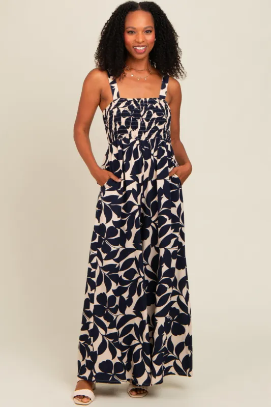 Navy Floral Smocked Wide Leg Jumpsuit sold by Pinkblush