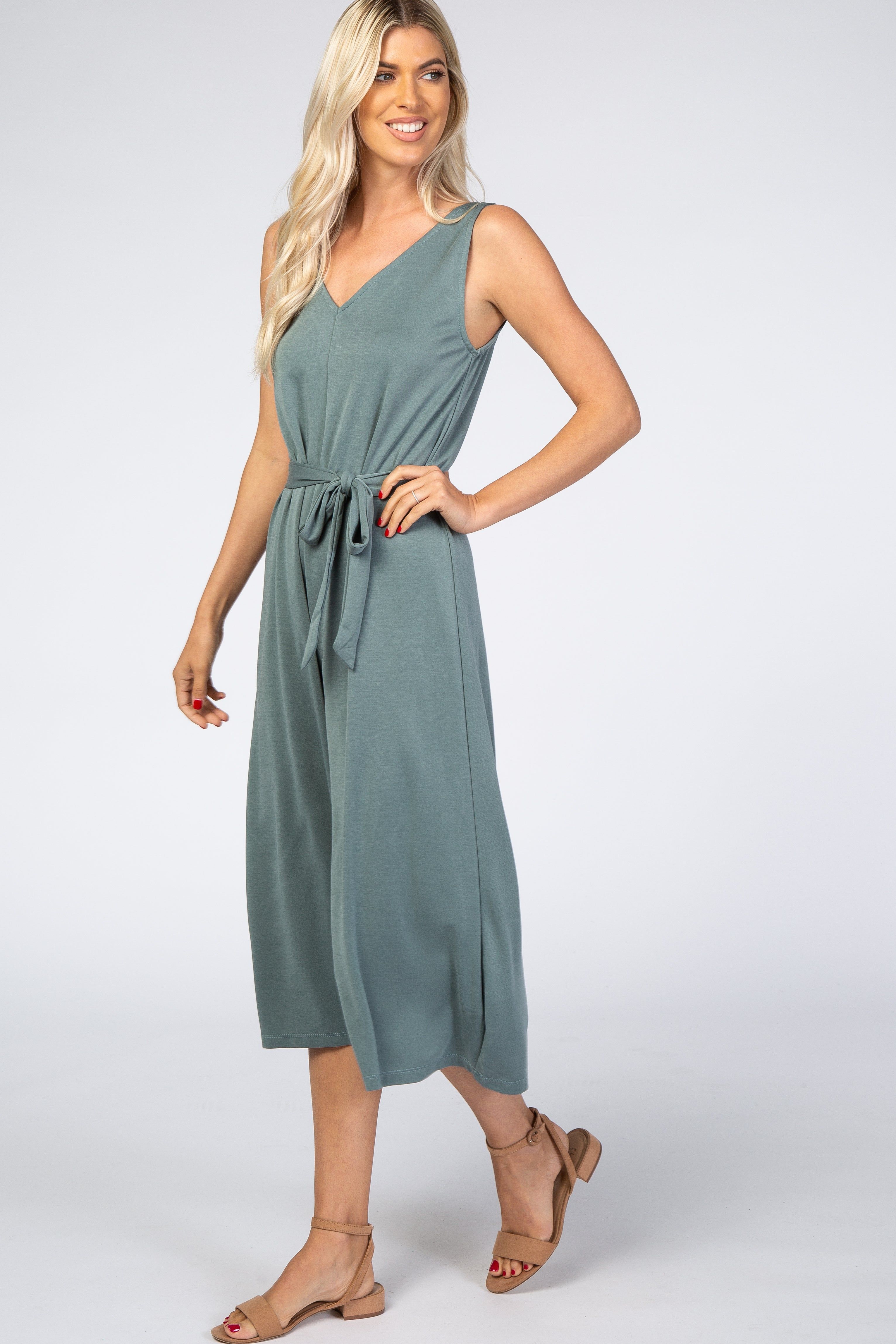 Light Teal V-Neck Tie Waist Jumpsuit sold by Pinkblush product image thumbnail 2