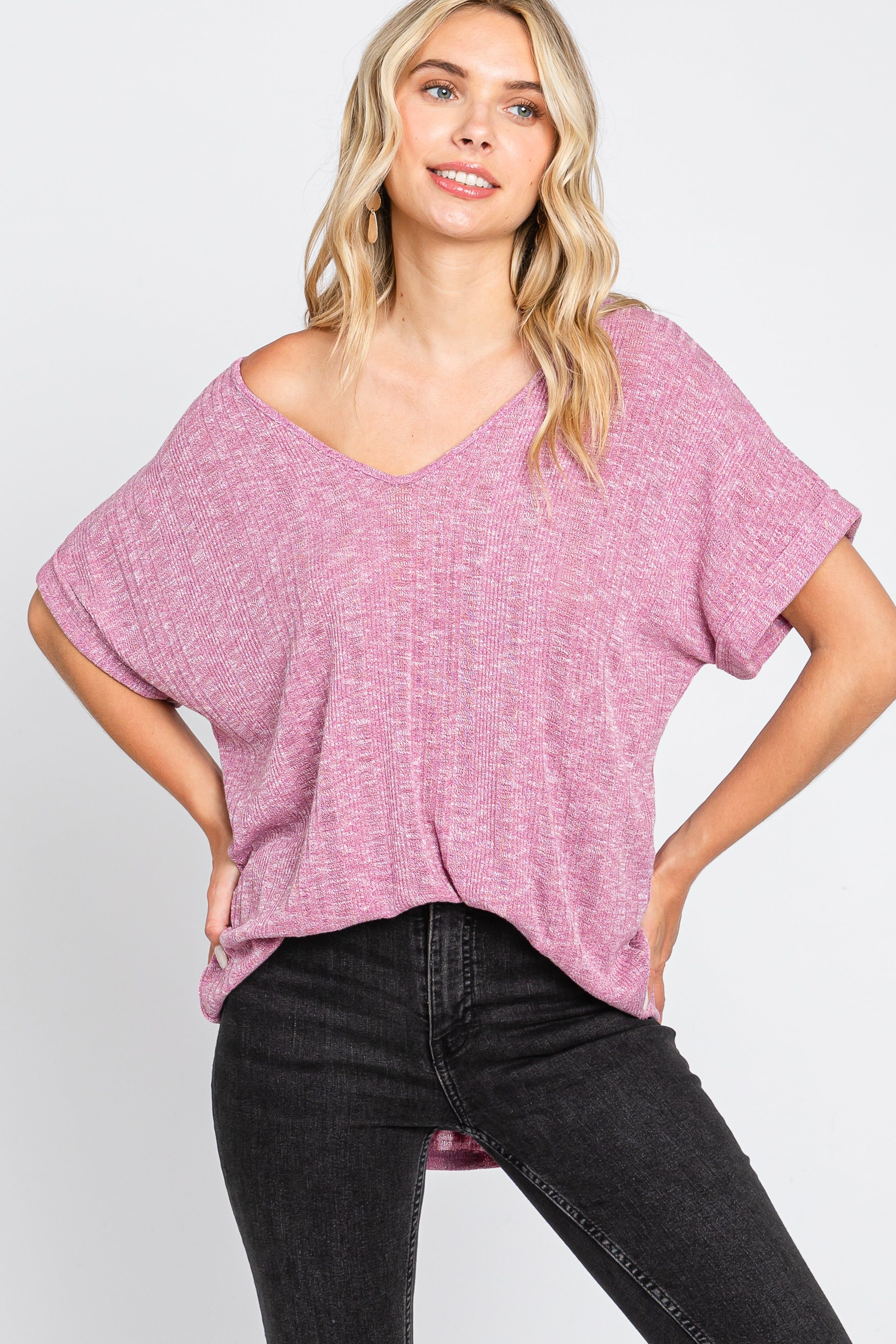 Magenta Ribbed Cuffed Short Sleeve Maternity Top sold by Pinkblush product image thumbnail 7