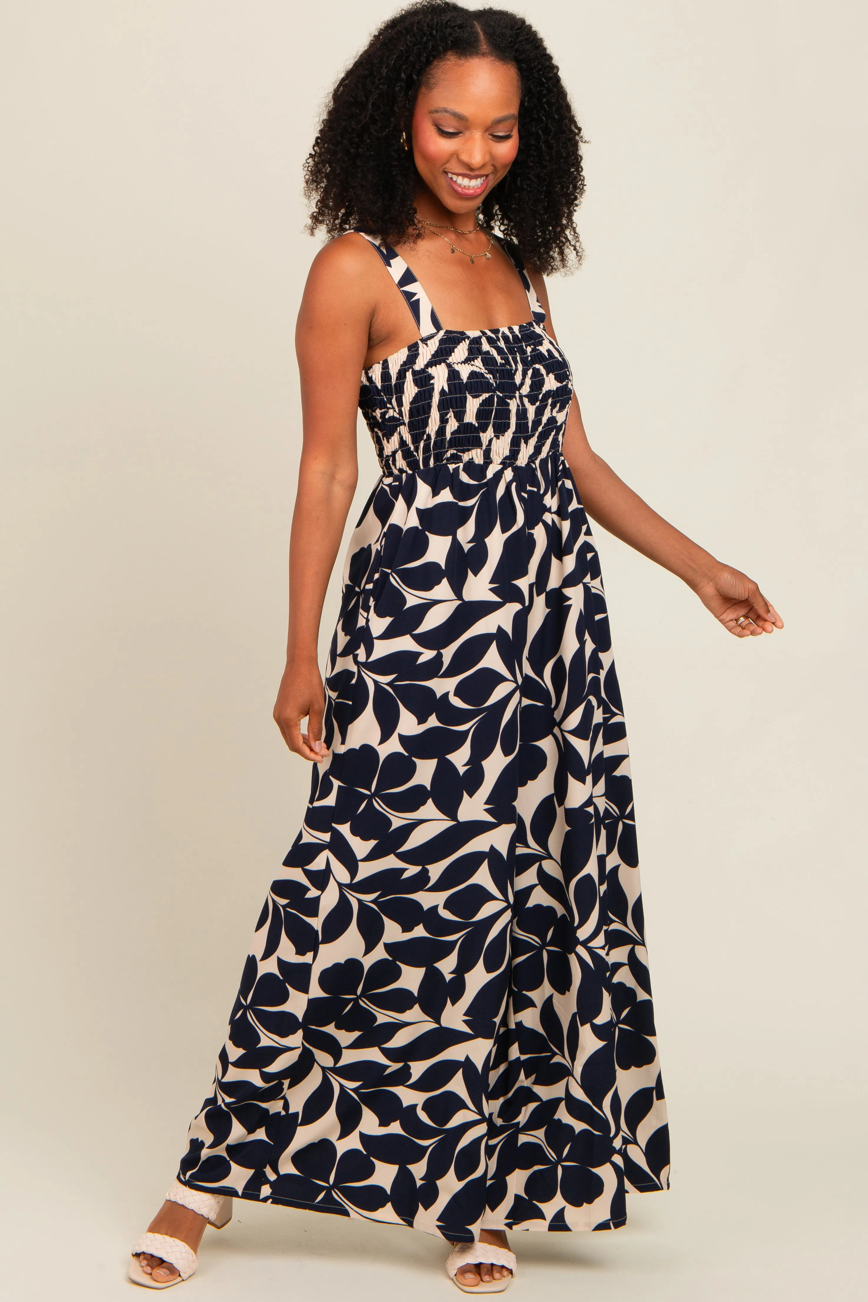 Navy Floral Smocked Wide Leg Jumpsuit sold by Pinkblush product image thumbnail 2