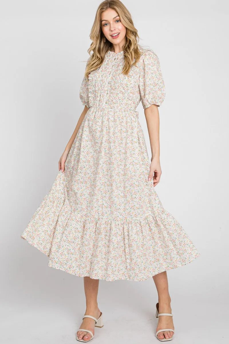 Off White Pink Floral Print Pintuck Dress sold by Pinkblush