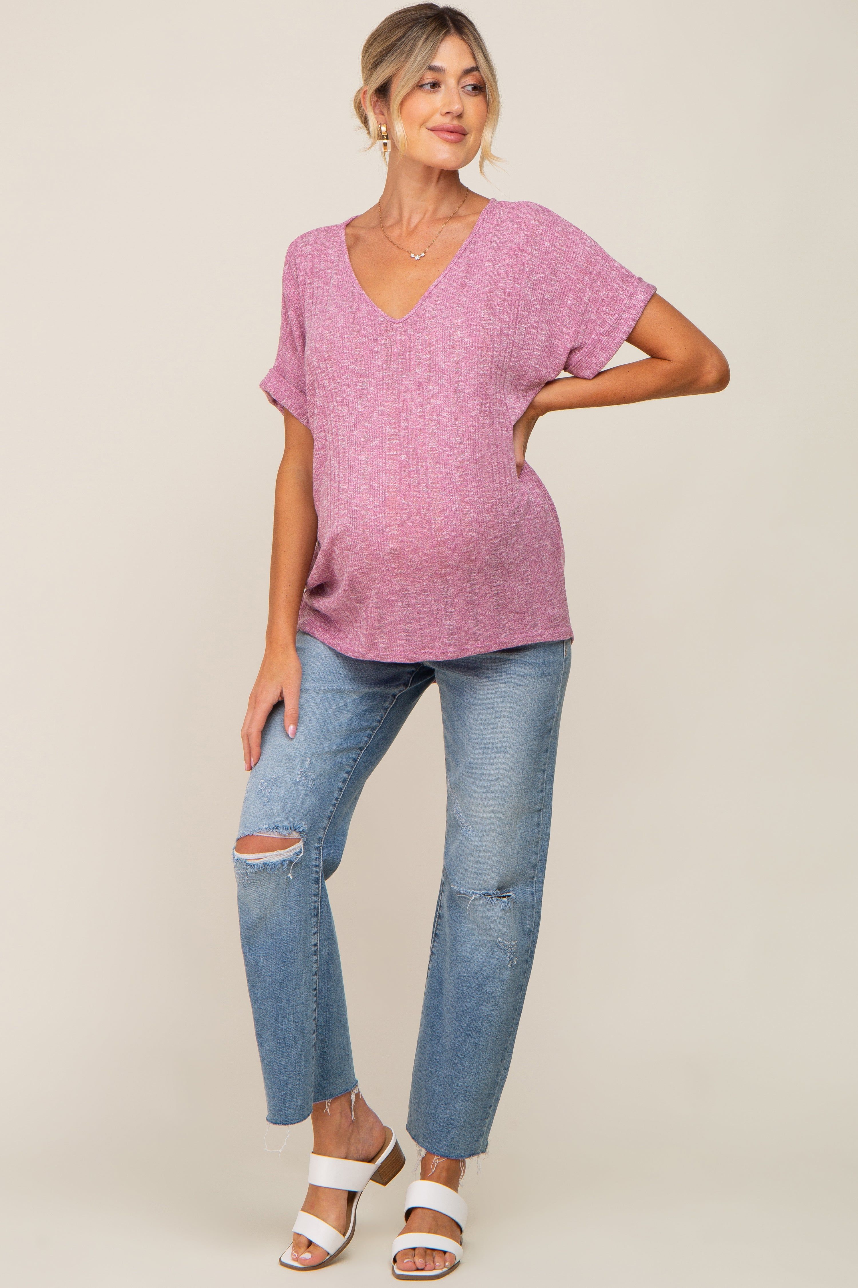 Magenta Ribbed Cuffed Short Sleeve Maternity Top sold by Pinkblush product image thumbnail 5