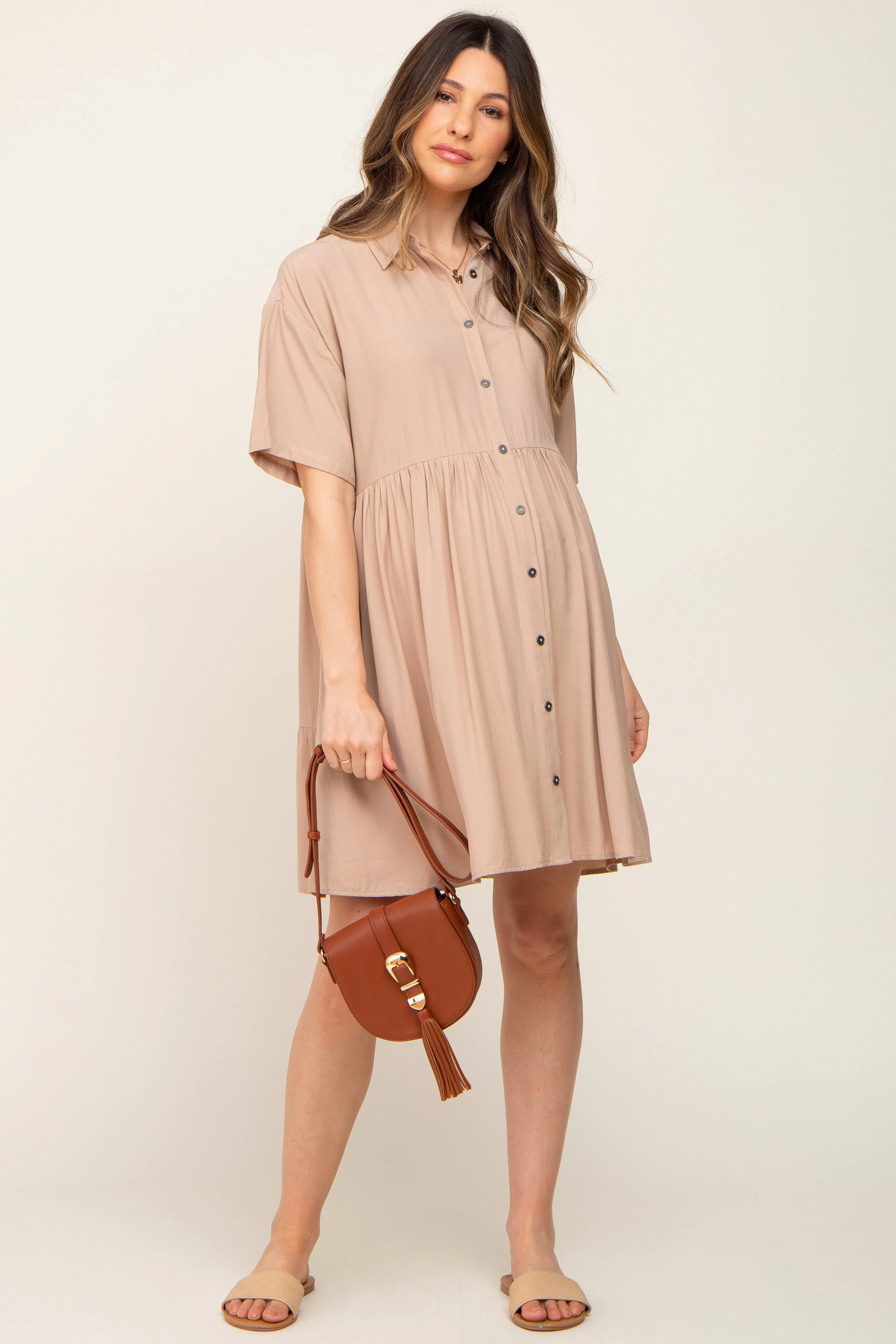 Taupe Buttondown Short Sleeve Maternity Dress sold by Pinkblush product image thumbnail 4