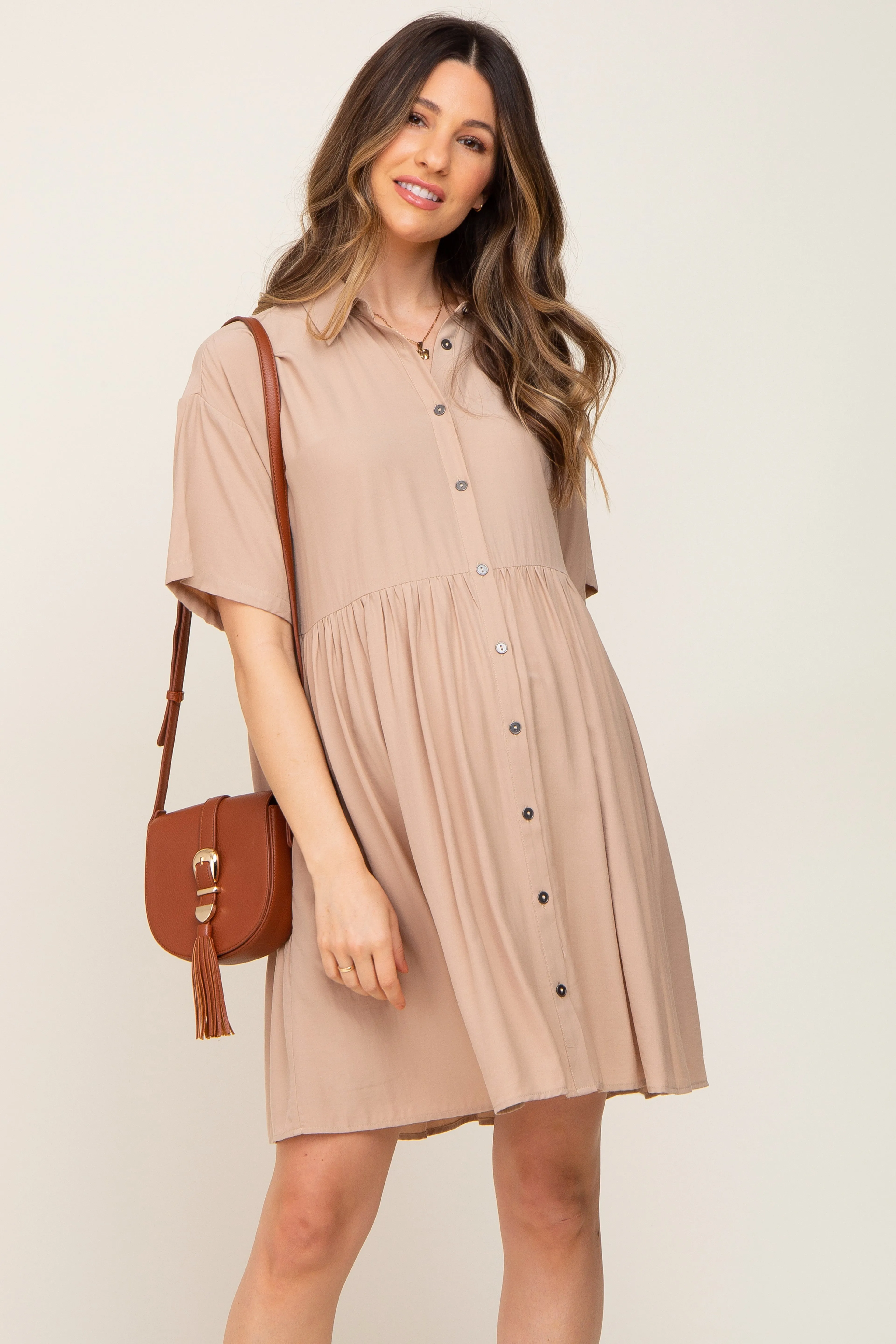 Taupe Buttondown Short Sleeve Maternity Dress sold by Pinkblush