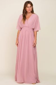 Pink Chiffon V-Neck Smocked Waist Maternity Maxi Dress sold by Pinkblush