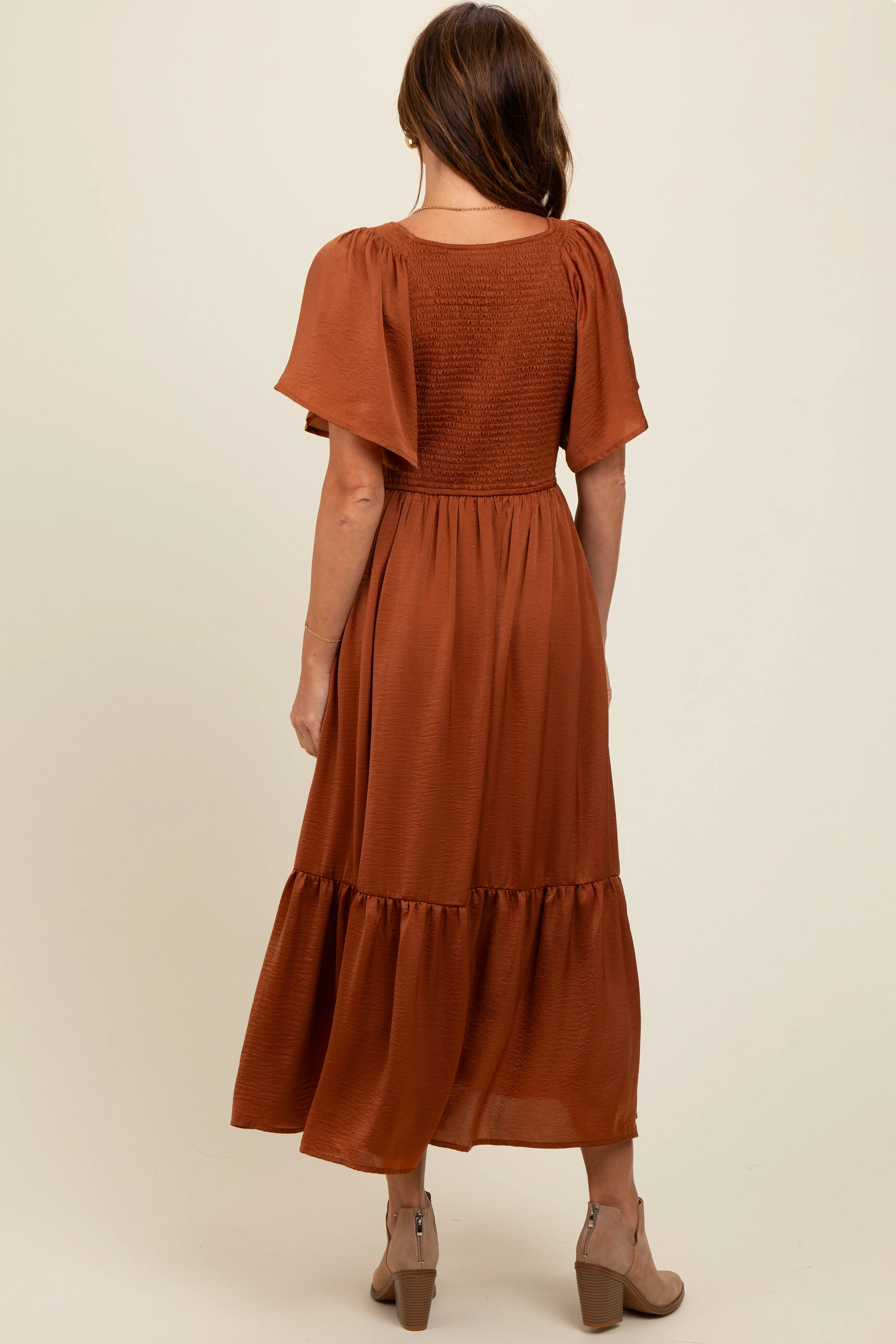 Camel Satin Smocked Midi Dress sold by Pinkblush product image thumbnail 3