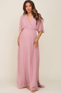 Pink Chiffon V-Neck Smocked Waist Maternity Maxi Dress sold by Pinkblush