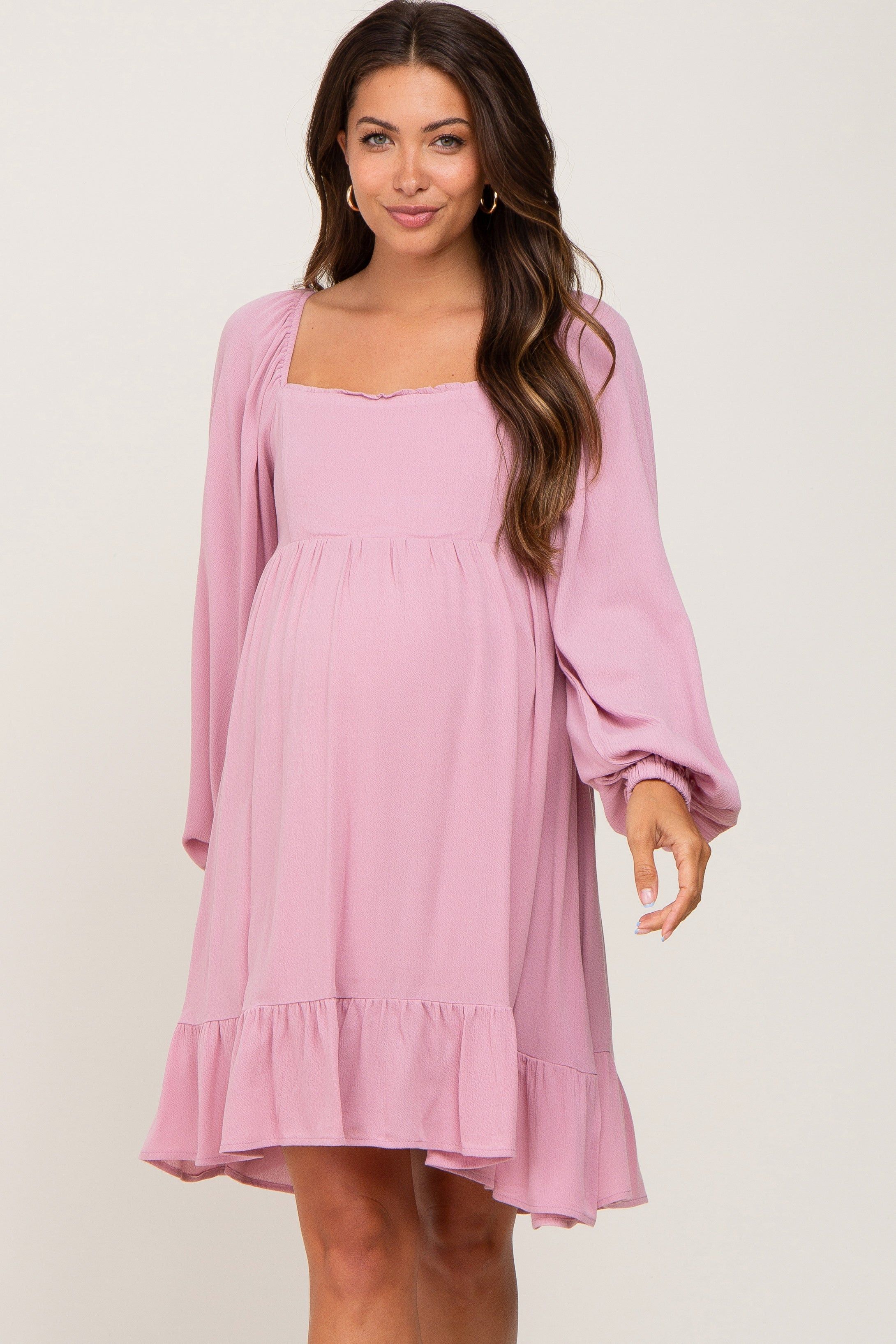 Mauve Square Neck Puff Long Sleeve Maternity Dress sold by Pinkblush product image thumbnail 2