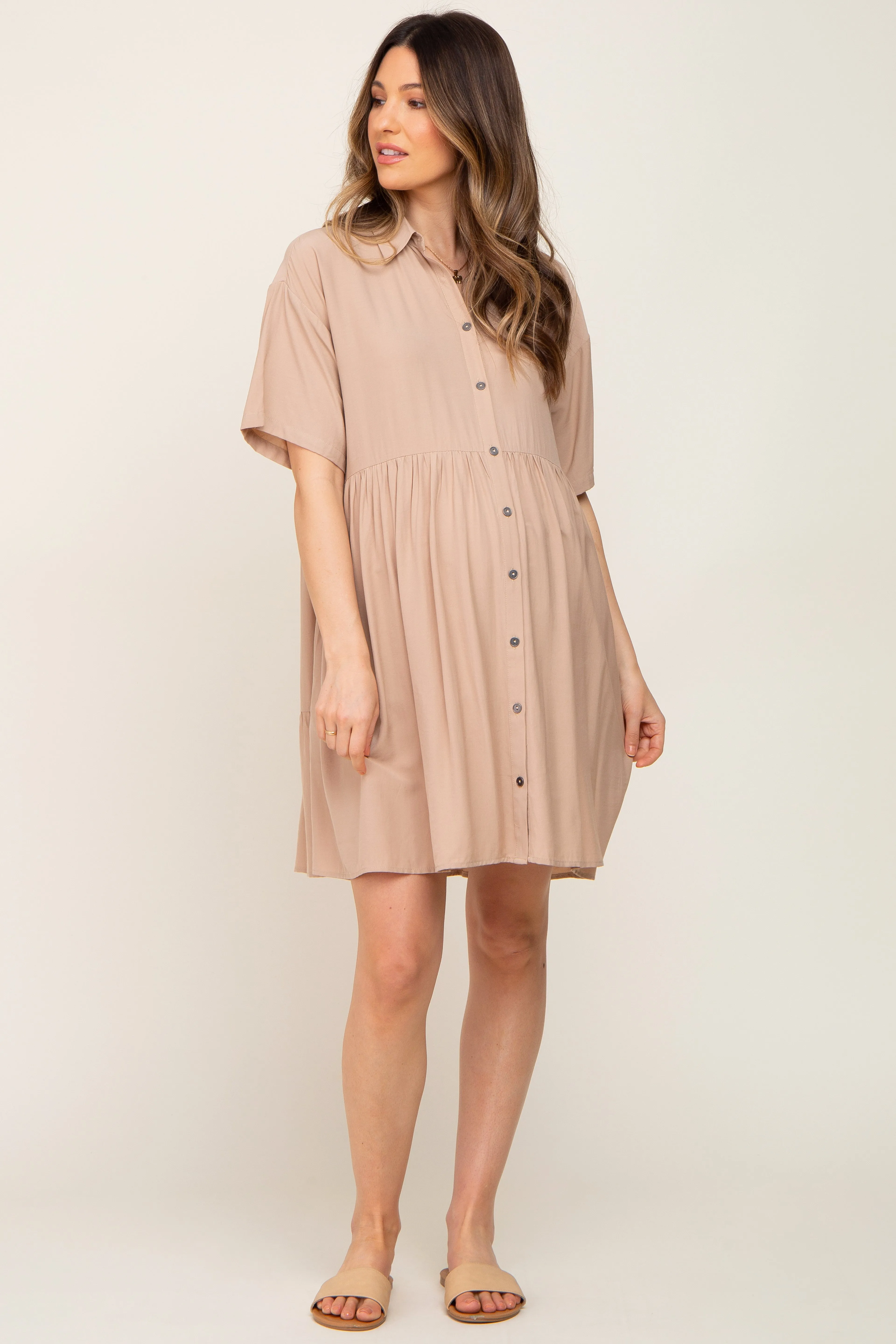 Taupe Buttondown Short Sleeve Maternity Dress sold by Pinkblush product image thumbnail 5