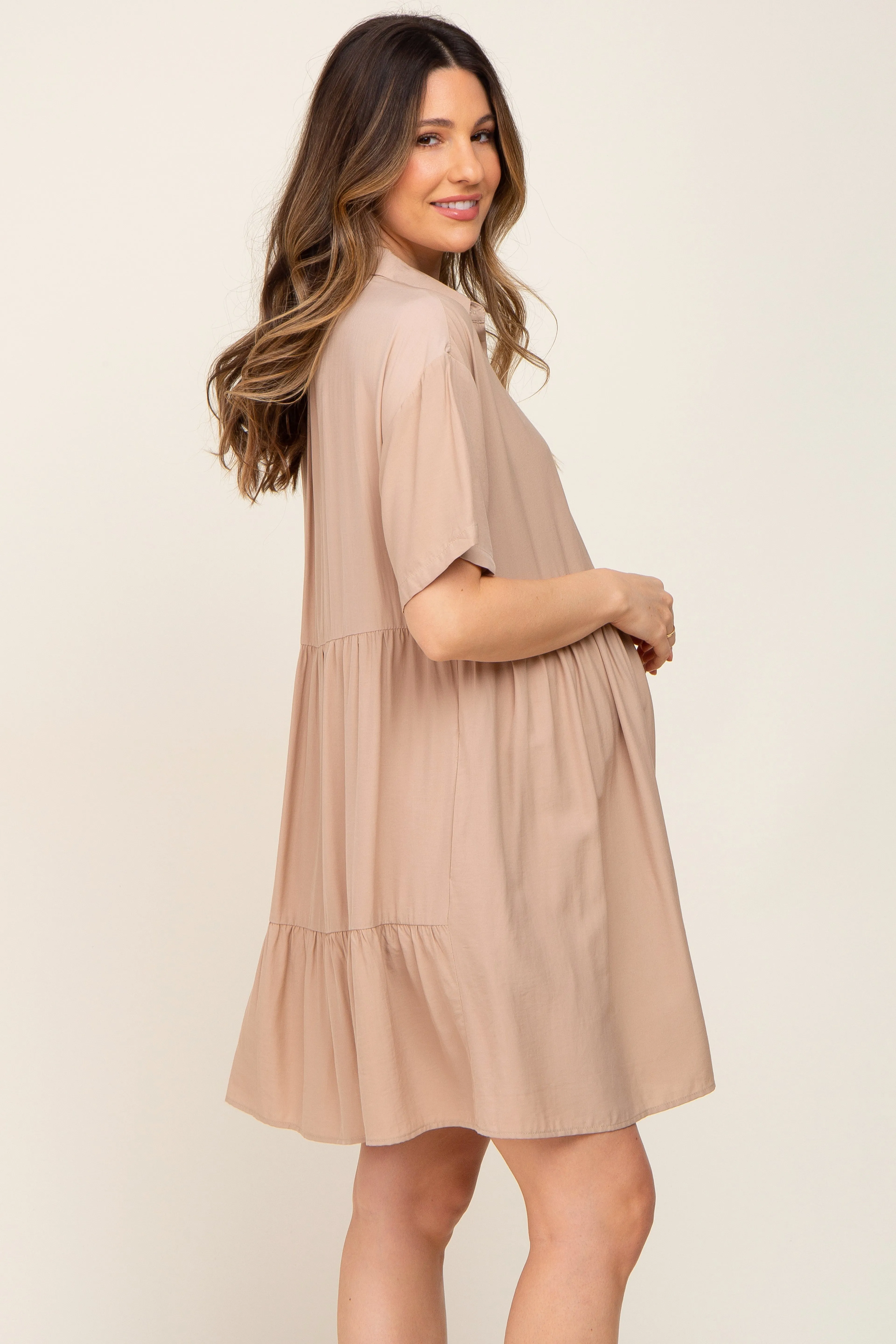 Taupe Buttondown Short Sleeve Maternity Dress sold by Pinkblush product image thumbnail 2