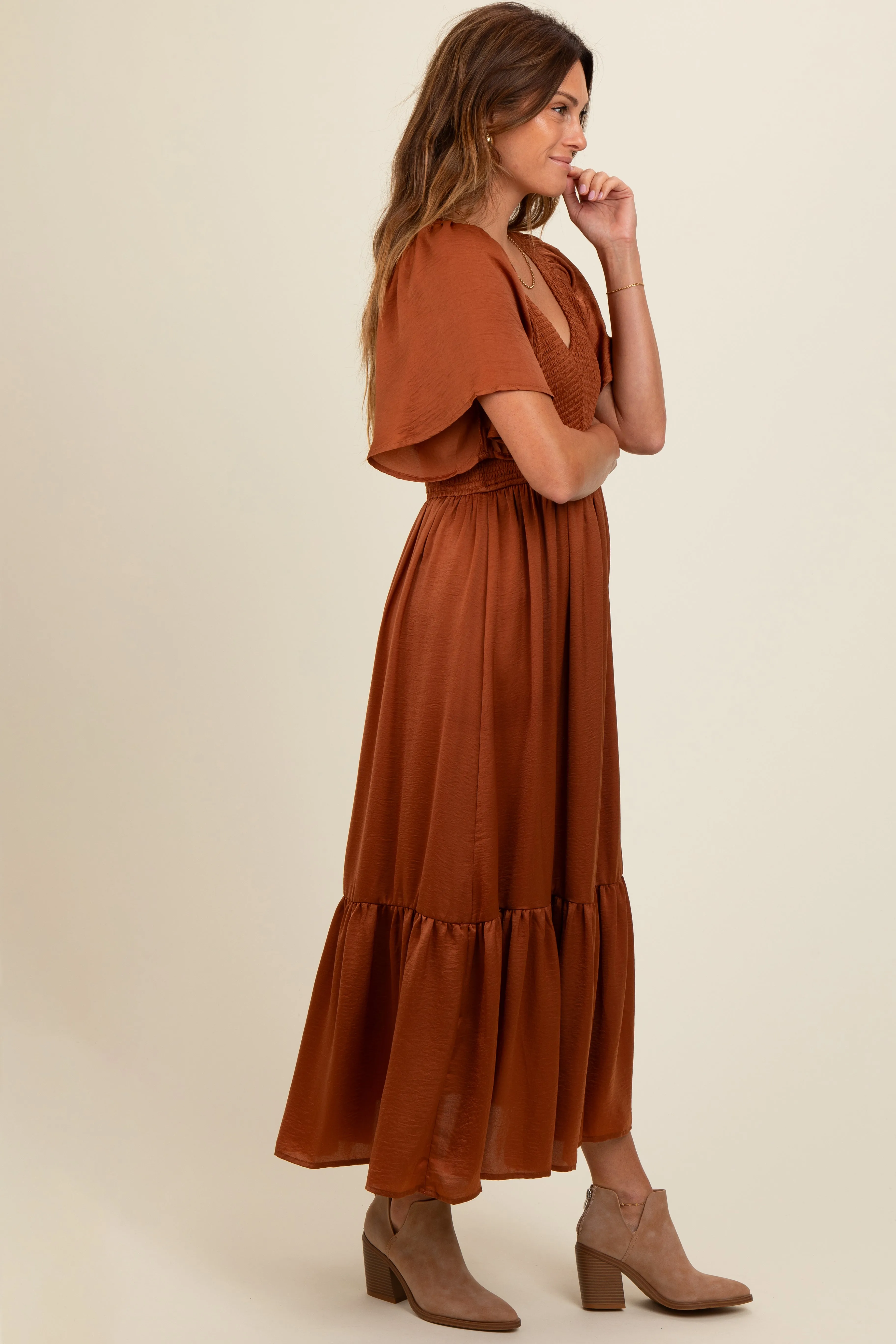 Camel Satin Smocked Midi Dress sold by Pinkblush product image thumbnail 4