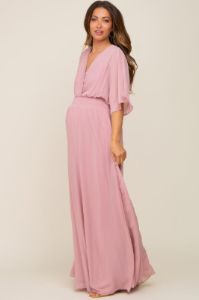 Pink Chiffon V-Neck Smocked Waist Maternity Maxi Dress sold by Pinkblush
