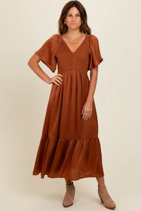 Camel Satin Smocked Midi Dress sold by Pinkblush