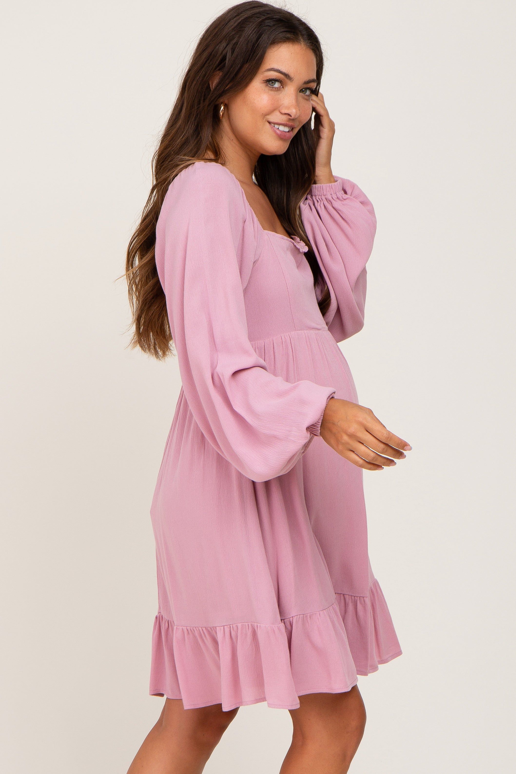 Mauve Square Neck Puff Long Sleeve Maternity Dress sold by Pinkblush product image thumbnail 3