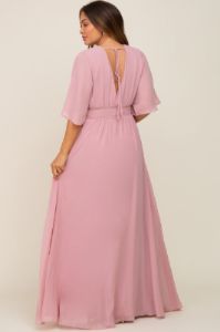 Pink Chiffon V-Neck Smocked Waist Maternity Maxi Dress sold by Pinkblush