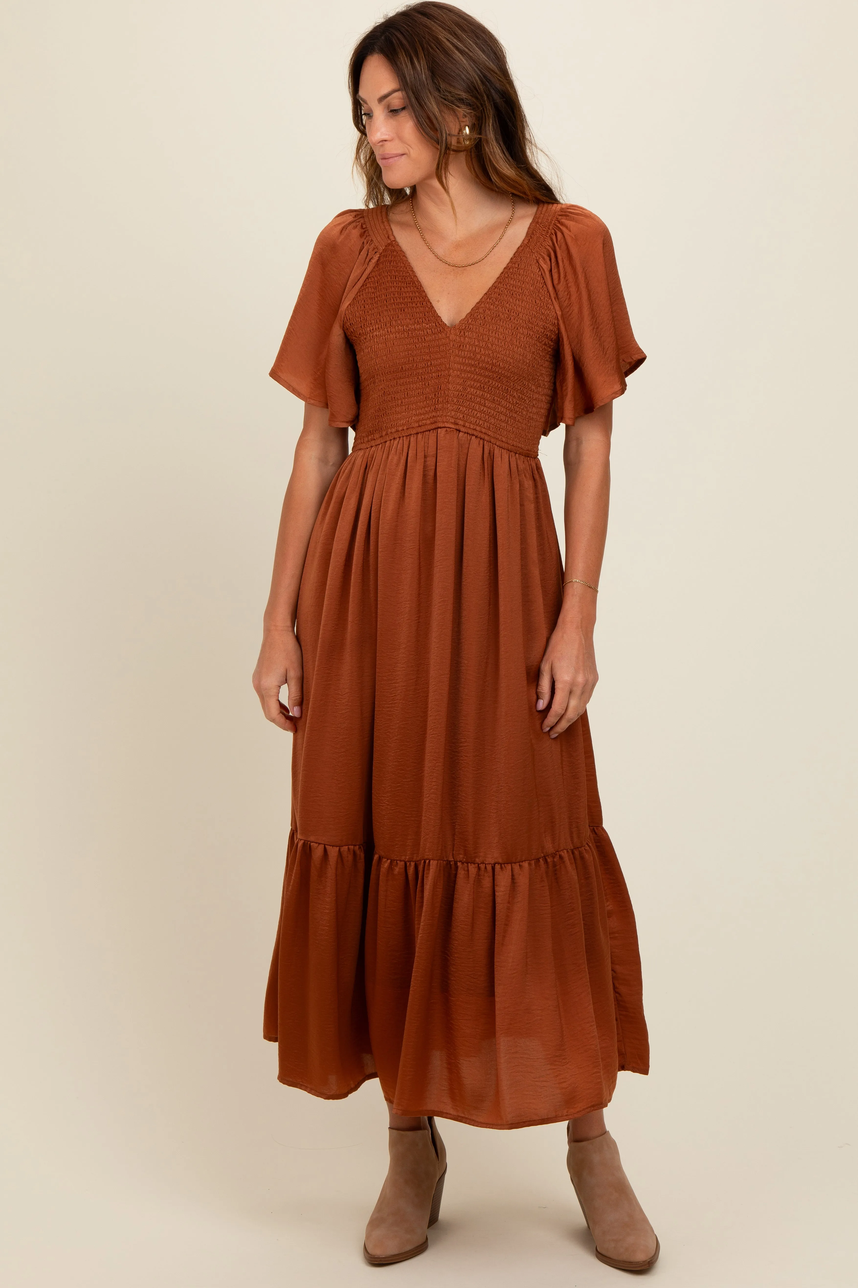 Camel Satin Smocked Midi Dress sold by Pinkblush product image thumbnail 2