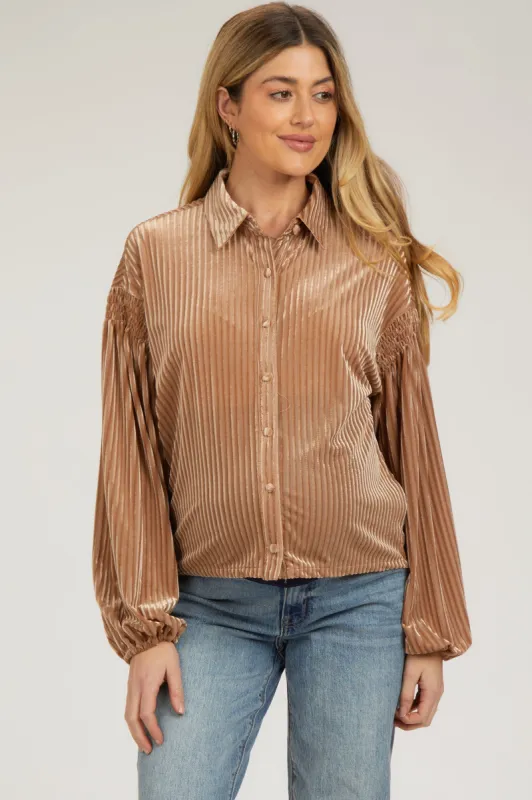 Beige Velvet Ribbed Collared Long Sleeve Maternity Blouse sold by Pinkblush