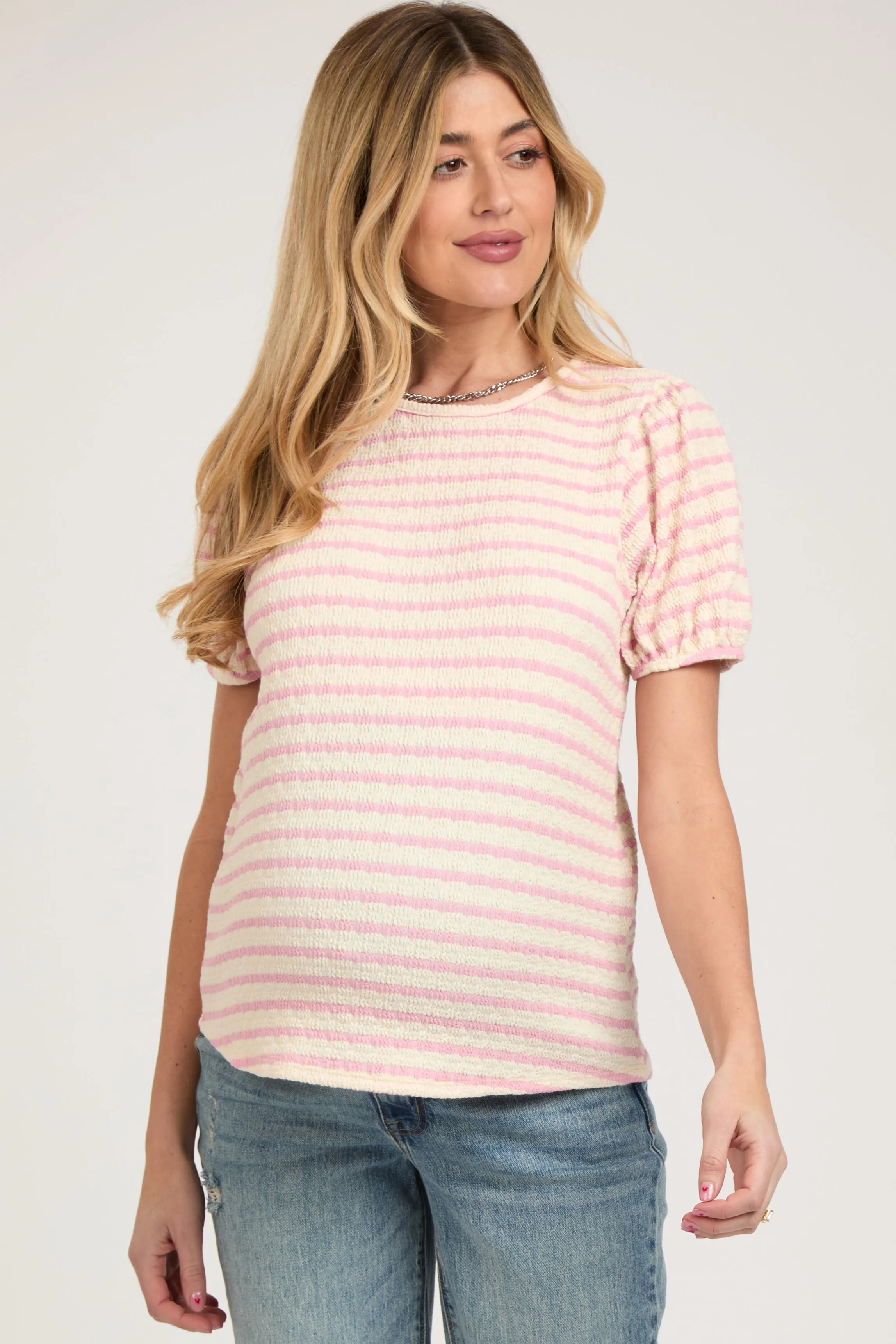 Light Pink Striped Textured Puff Sleeve Maternity Top sold by Pinkblush