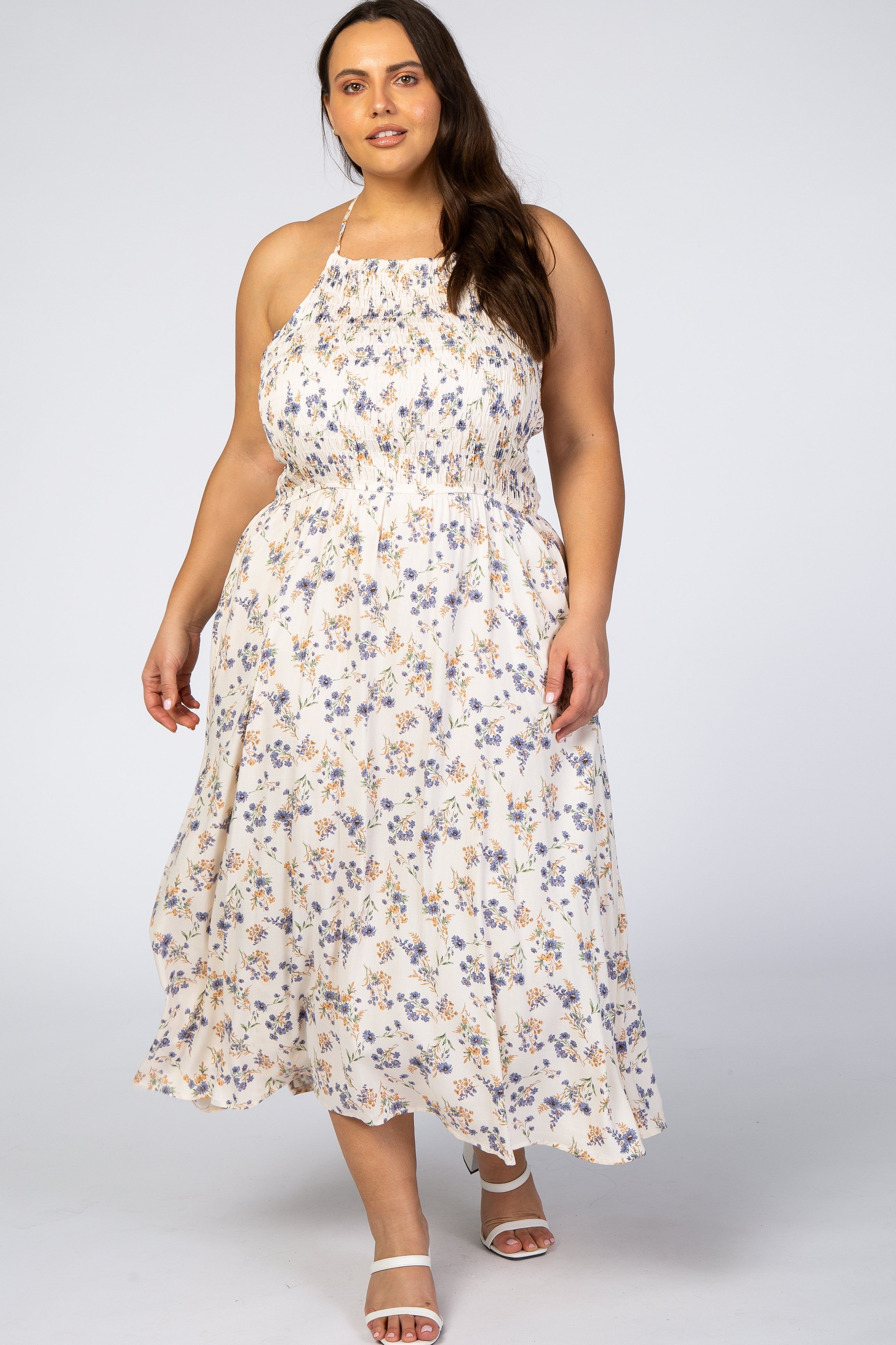 Cream Floral Halter Neck Plus Maxi Dress sold by Pinkblush