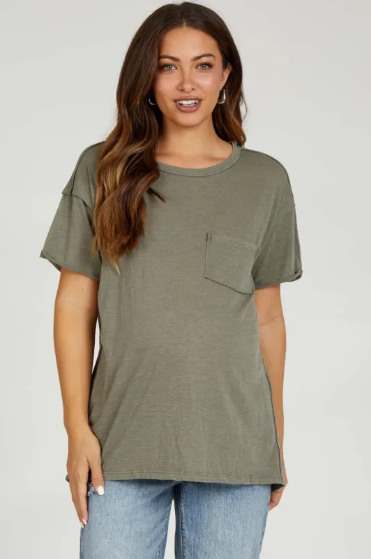 Olive Mineral Wash Front Pocket Short Sleeve Maternity T-Shirt sold by Pinkblush