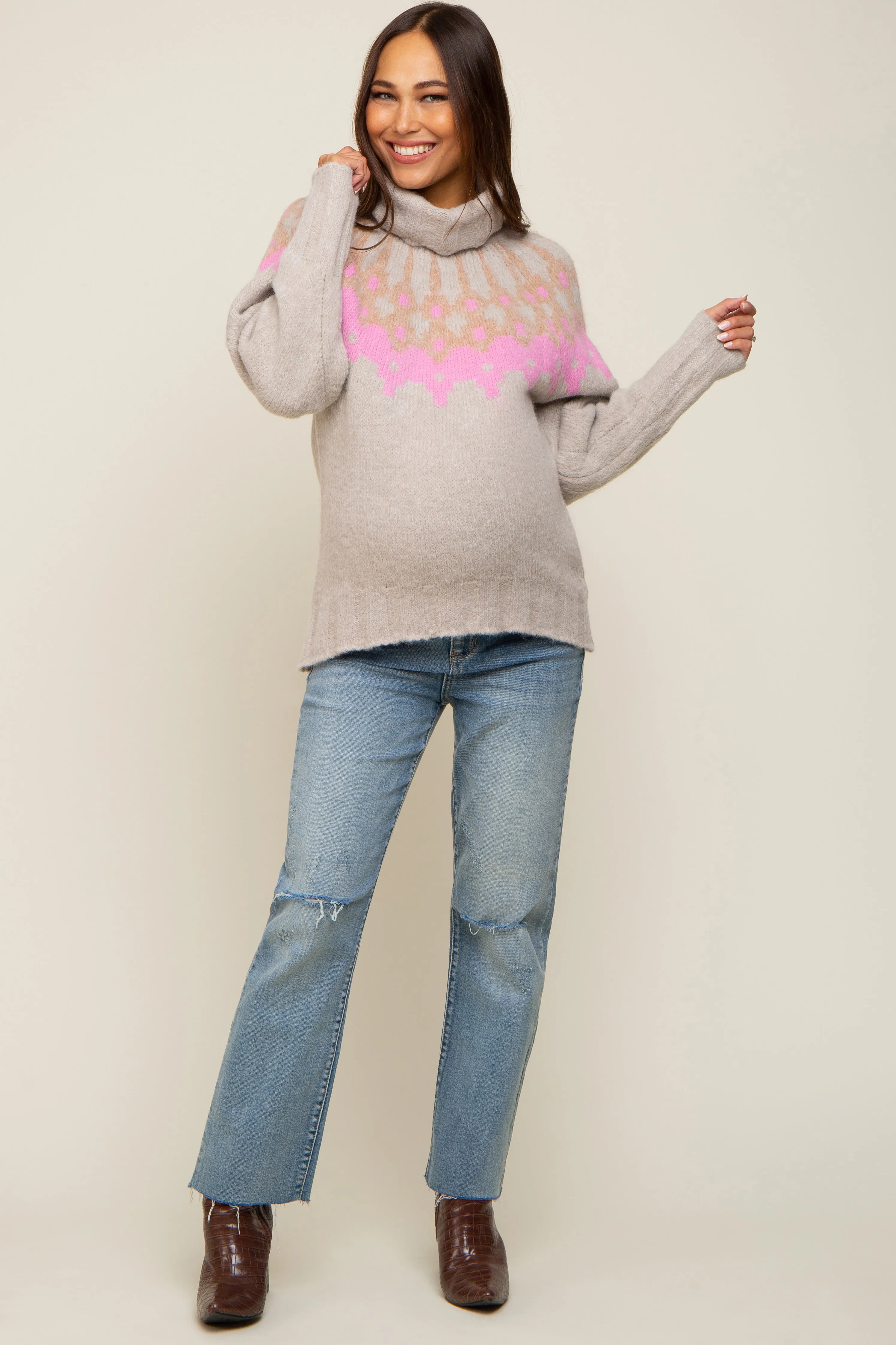 Beige Turtleneck Fair Isle Maternity Sweater sold by Pinkblush product image thumbnail 2