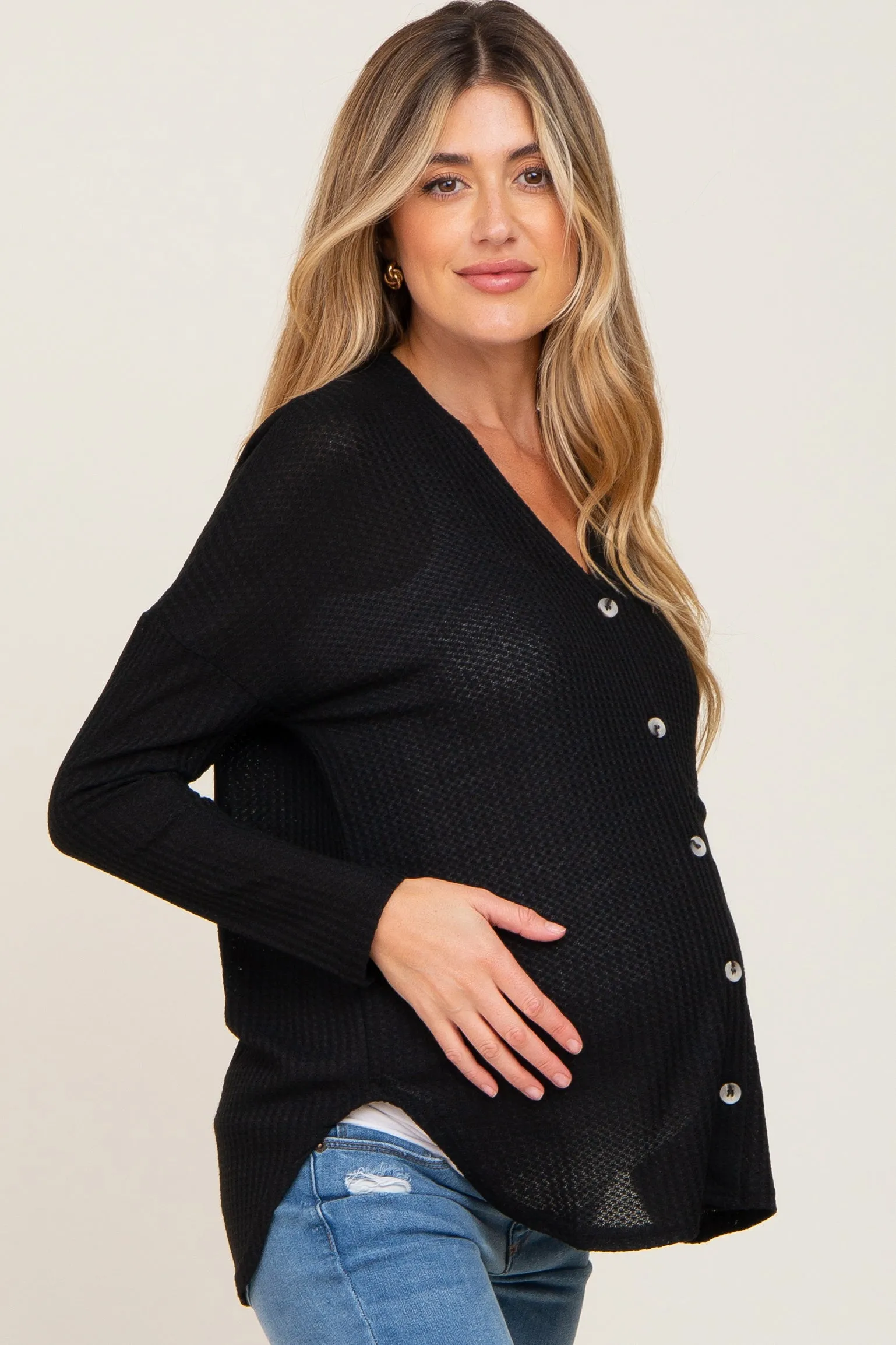 Black Waffle Knit Button Down Maternity Top sold by Pinkblush product image thumbnail 2