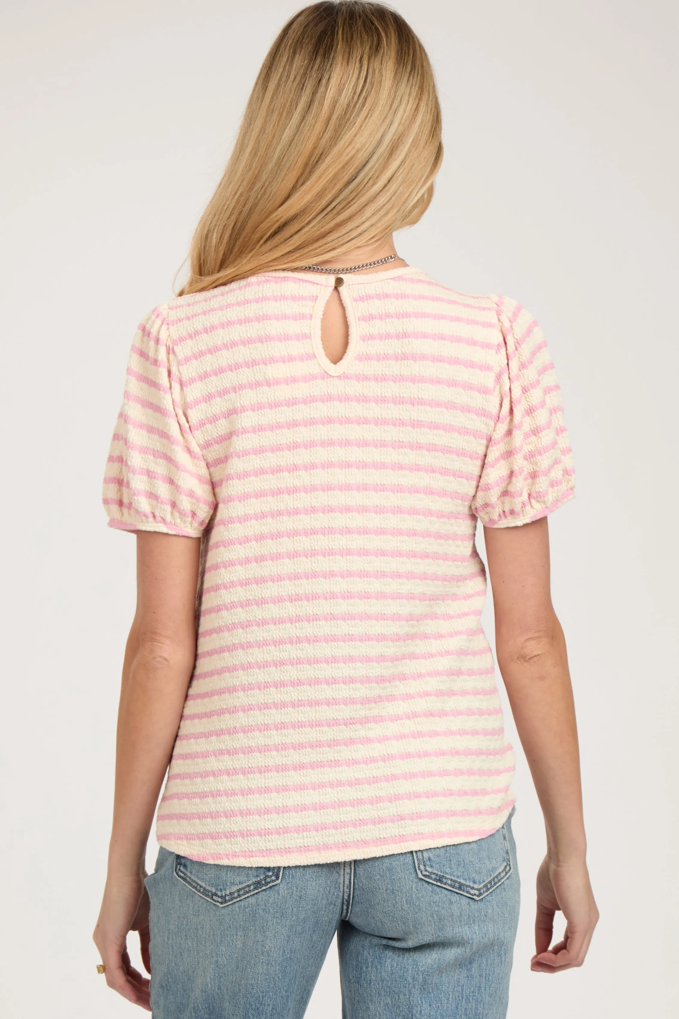 Light Pink Striped Textured Puff Sleeve Maternity Top sold by Pinkblush product image thumbnail 3