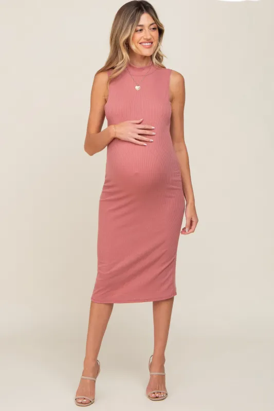 Mauve Ribbed Sleeveless Mock Neck Maternity Midi Dress sold by Pinkblush
