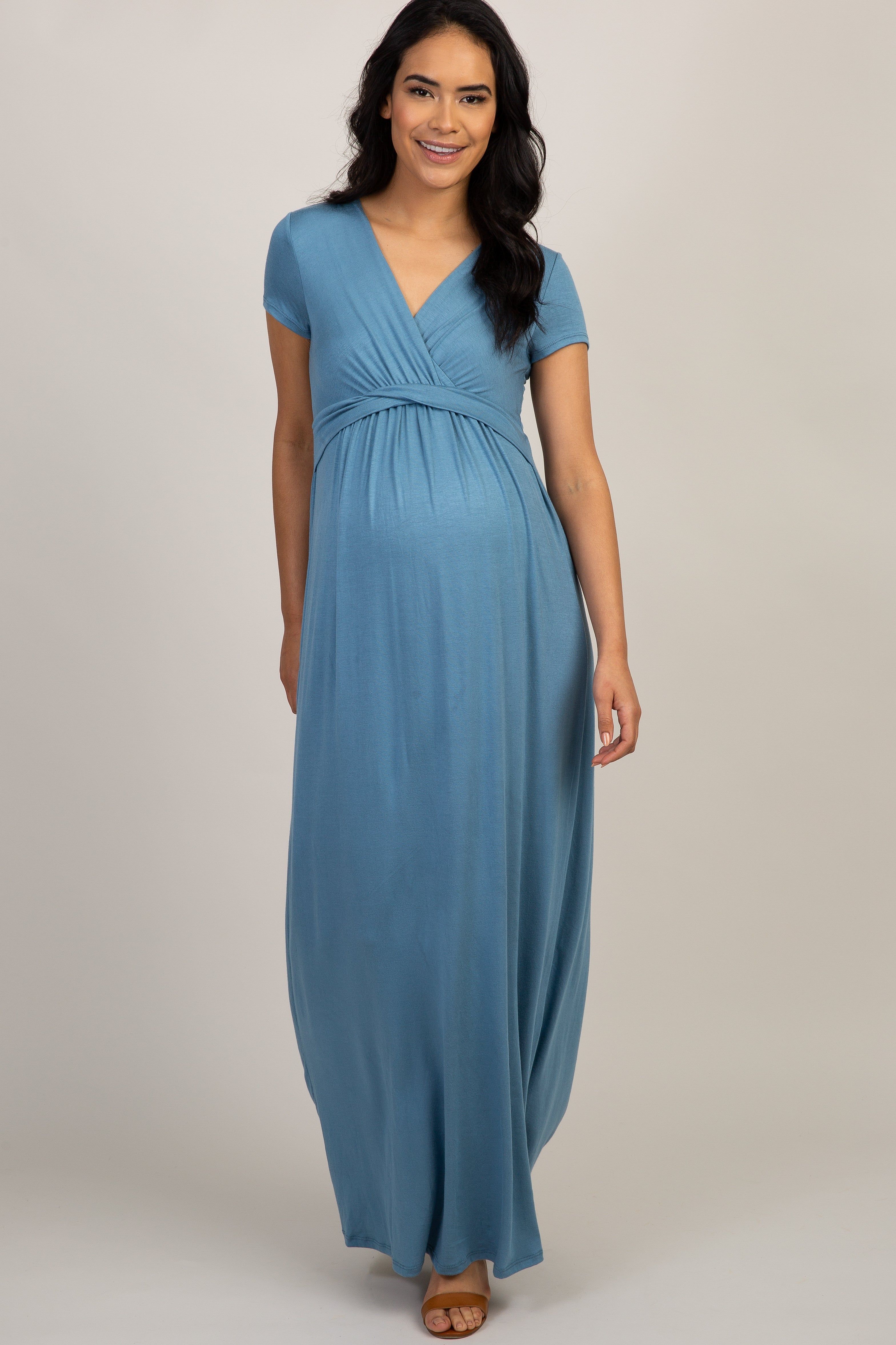 PinkBlush Petite Blue Draped Maternity/Nursing Maxi Dress sold by Pinkblush
