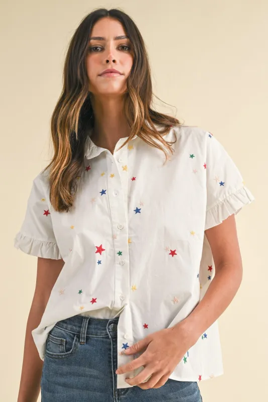 Ivory Star Embroidered Ruffle Detail Shirts sold by Pinkblush
