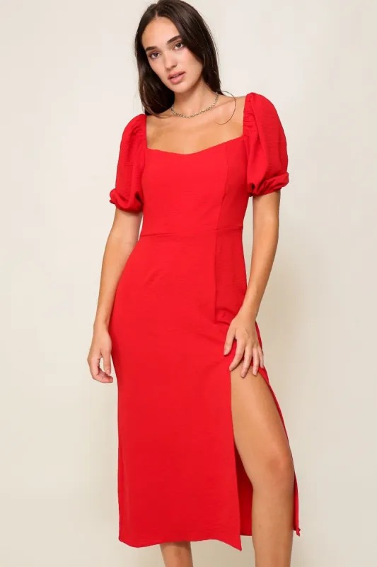 Red Puff Sleeve Midi sold by Pinkblush