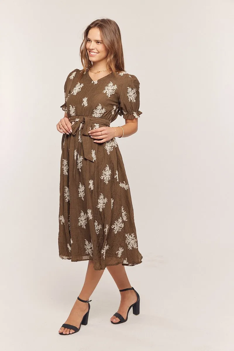 Brown Embroidered Sash Tie Midi Dress sold by Pinkblush product image thumbnail 2