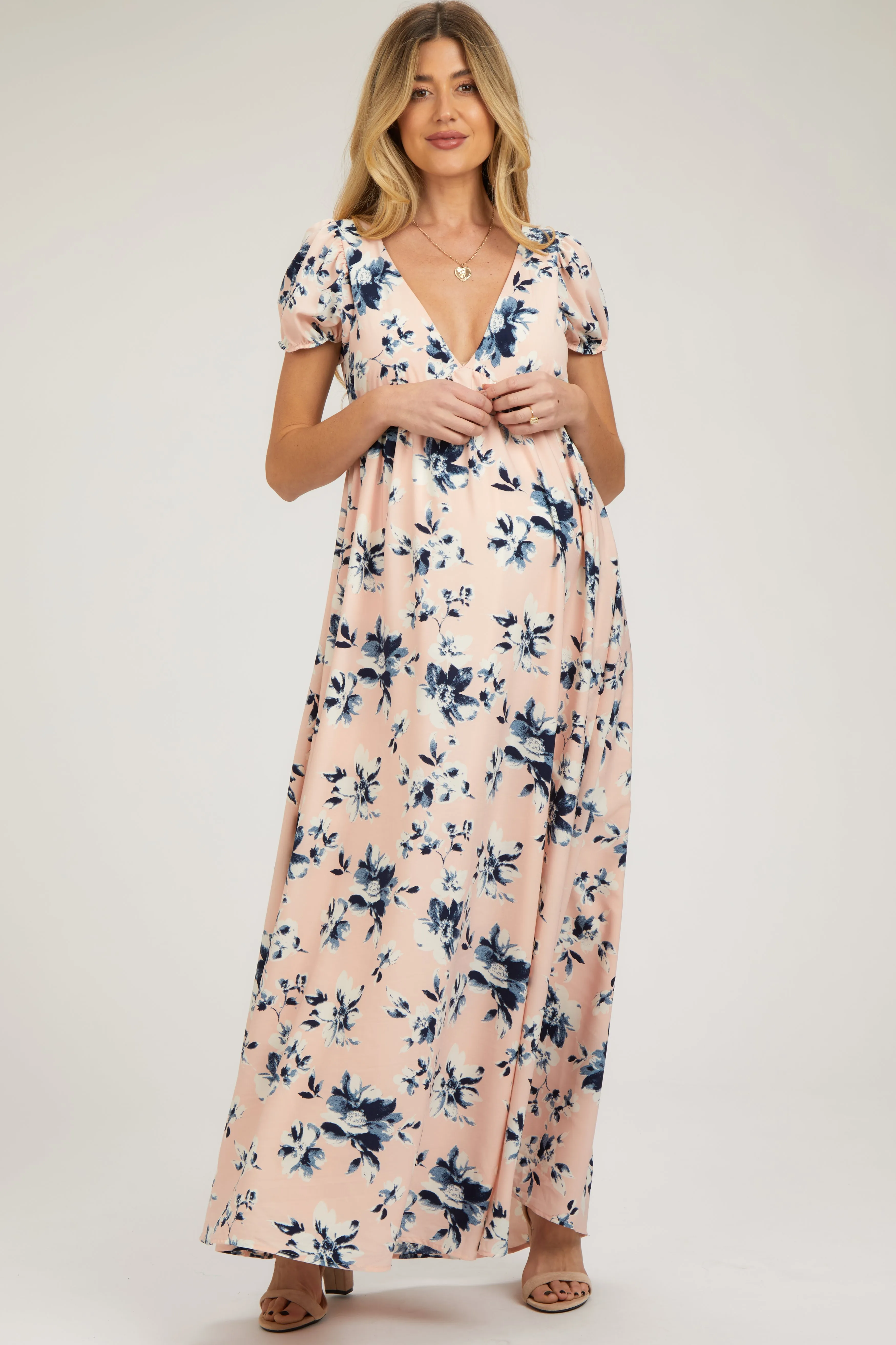 Light Pink Floral V-Neck Puff Sleeve Maternity Maxi Dress sold by Pinkblush