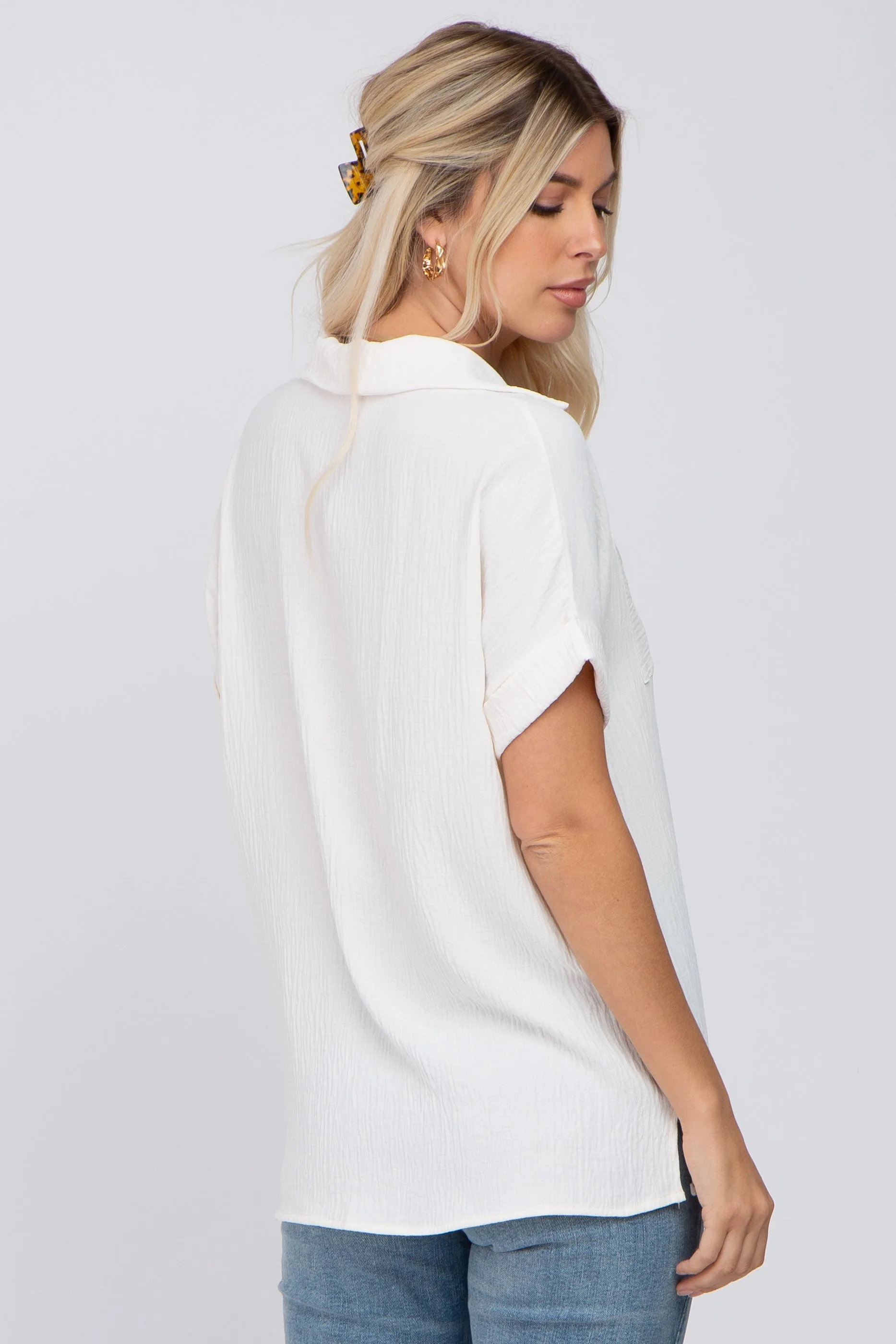 Ivory Collared Button-Down Short Sleeve Blouse sold by Pinkblush product image thumbnail 3