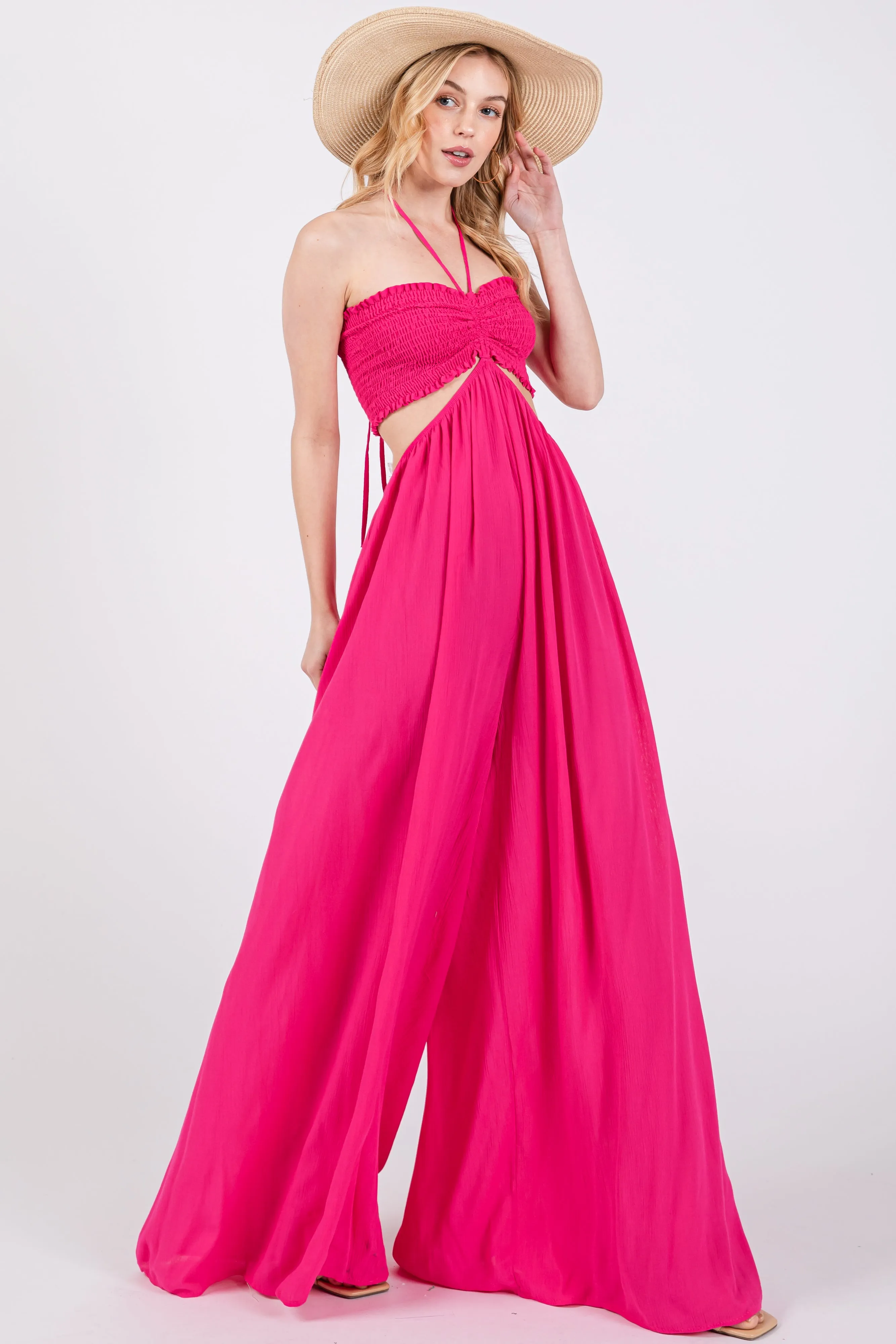 Fuchsia Smocked Drawstring Halter Side Cutout Jumpsuit sold by Pinkblush product image thumbnail 5