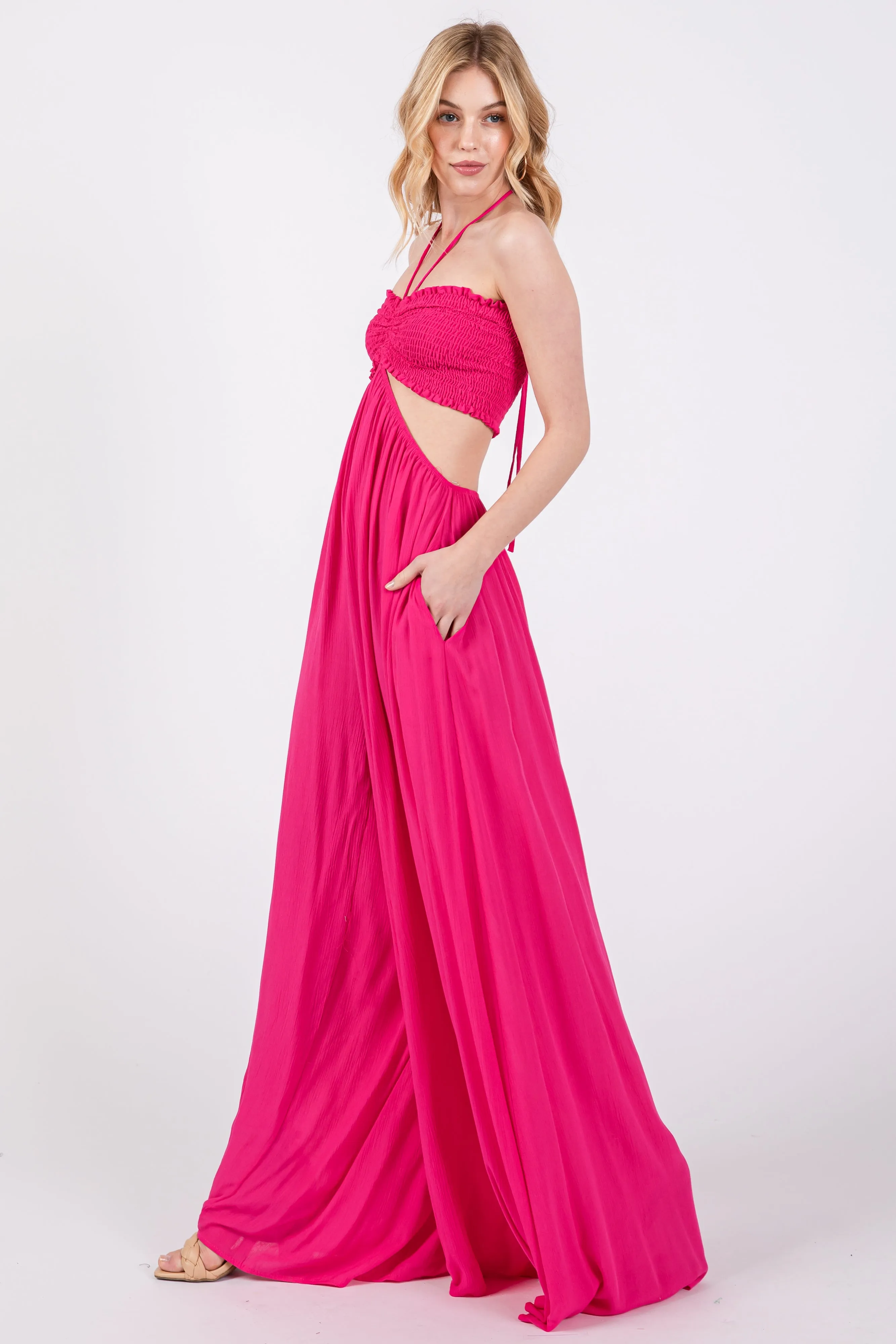 Fuchsia Smocked Drawstring Halter Side Cutout Jumpsuit sold by Pinkblush product image thumbnail 2
