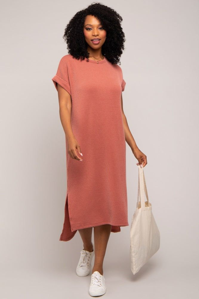 Rust Ribbed Short Sleeve Midi Dress sold by Pinkblush product image thumbnail 3