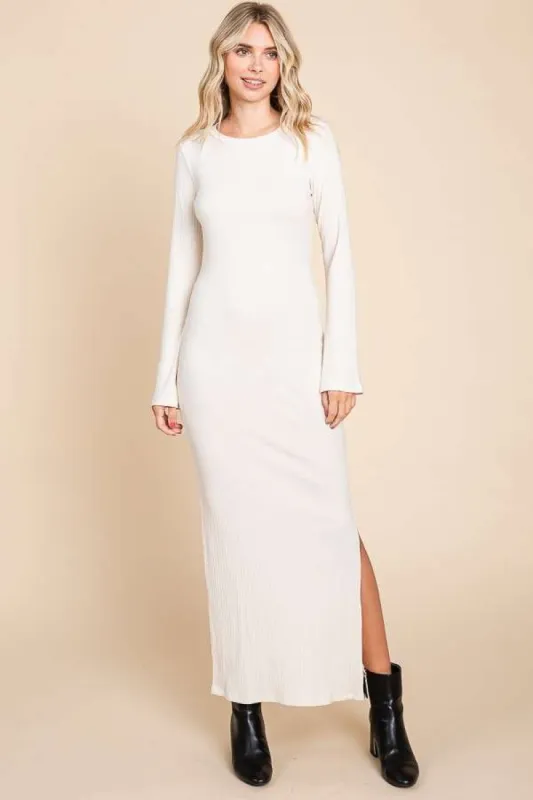 Cream Ribbed Side Slit Maxi Dress sold by Pinkblush