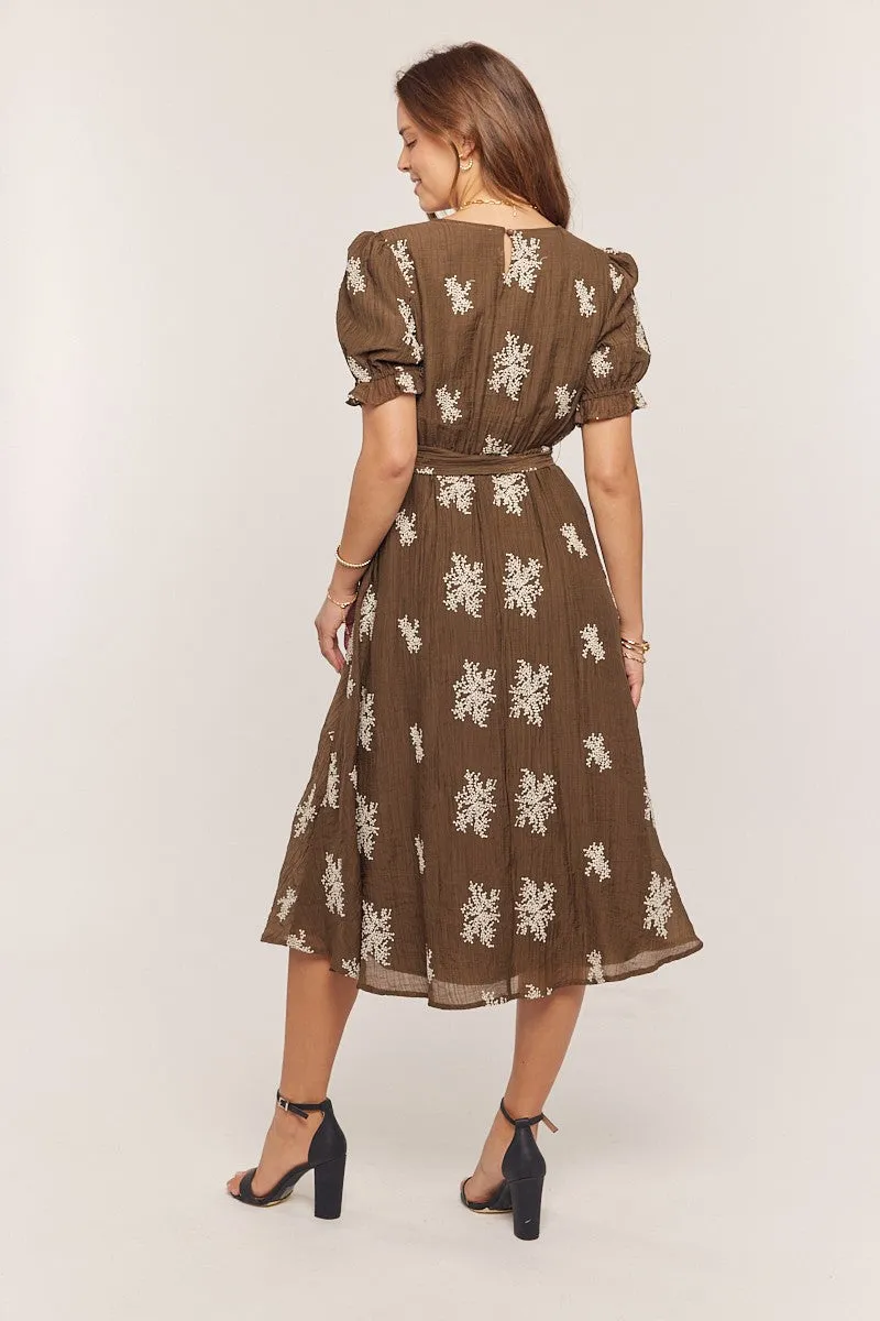 Brown Embroidered Sash Tie Midi Dress sold by Pinkblush product image thumbnail 3