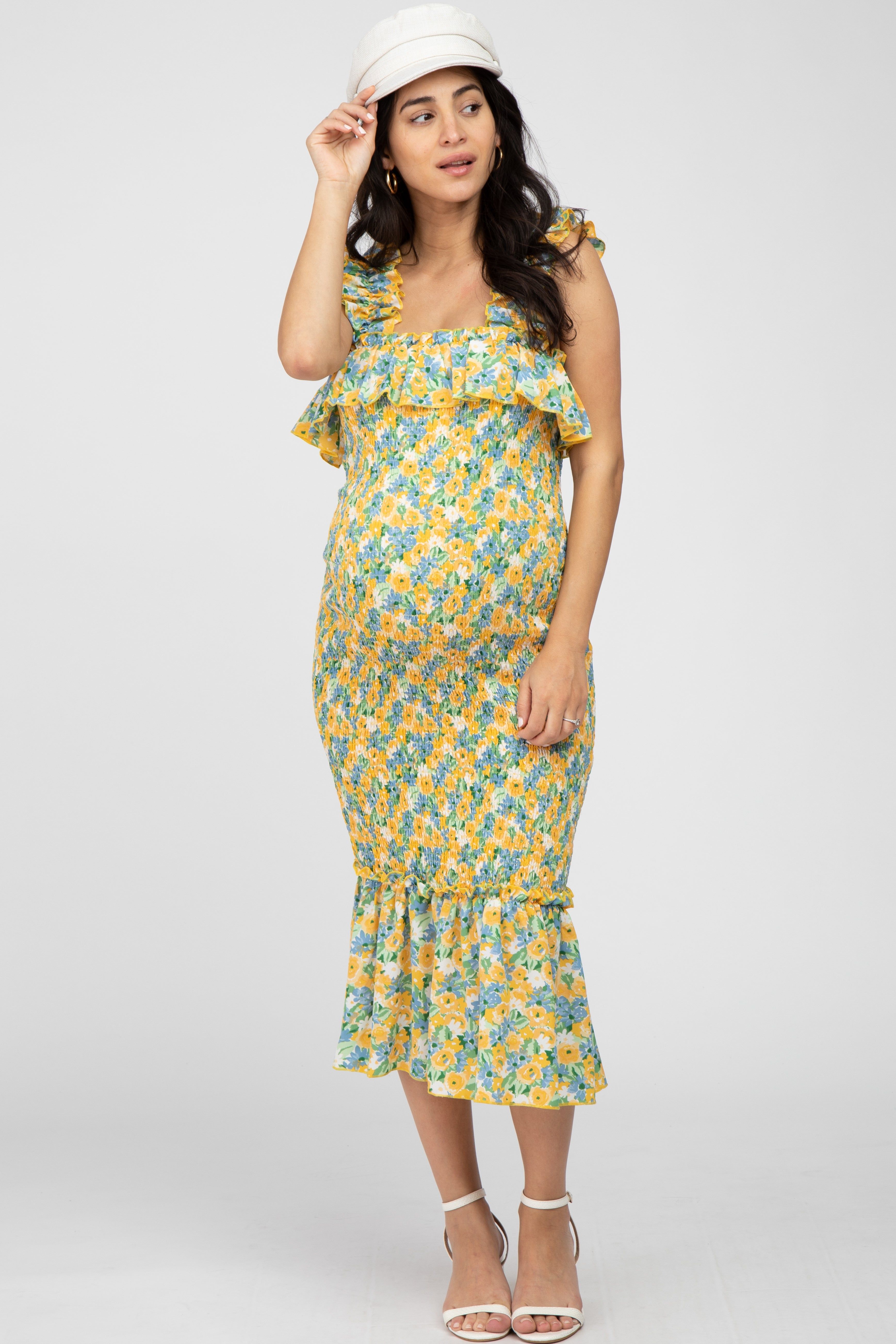 Yellow Multi Color Floral Smocked Fitted Maternity Midi Dress sold by Pinkblush