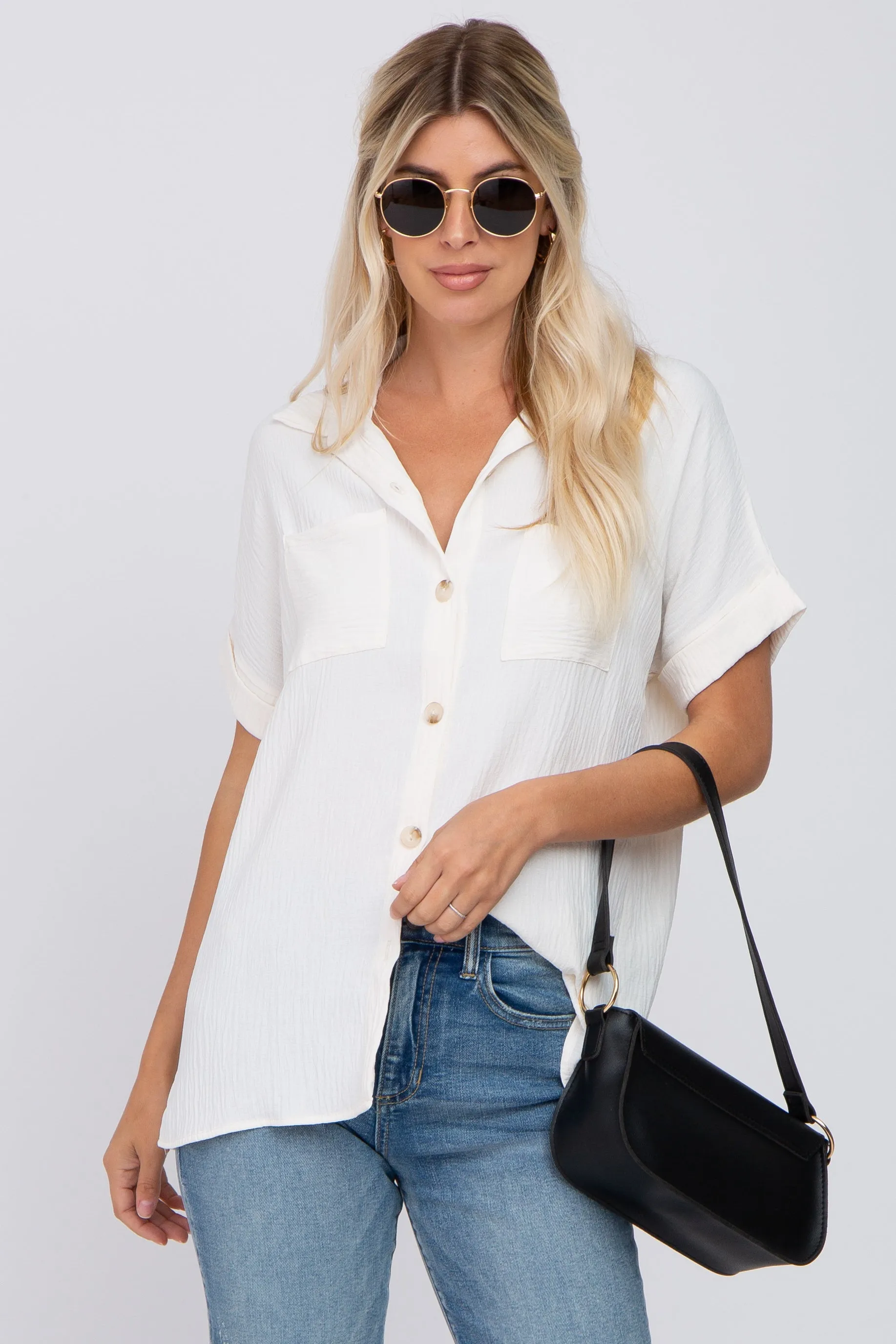 Ivory Collared Button-Down Short Sleeve Blouse sold by Pinkblush