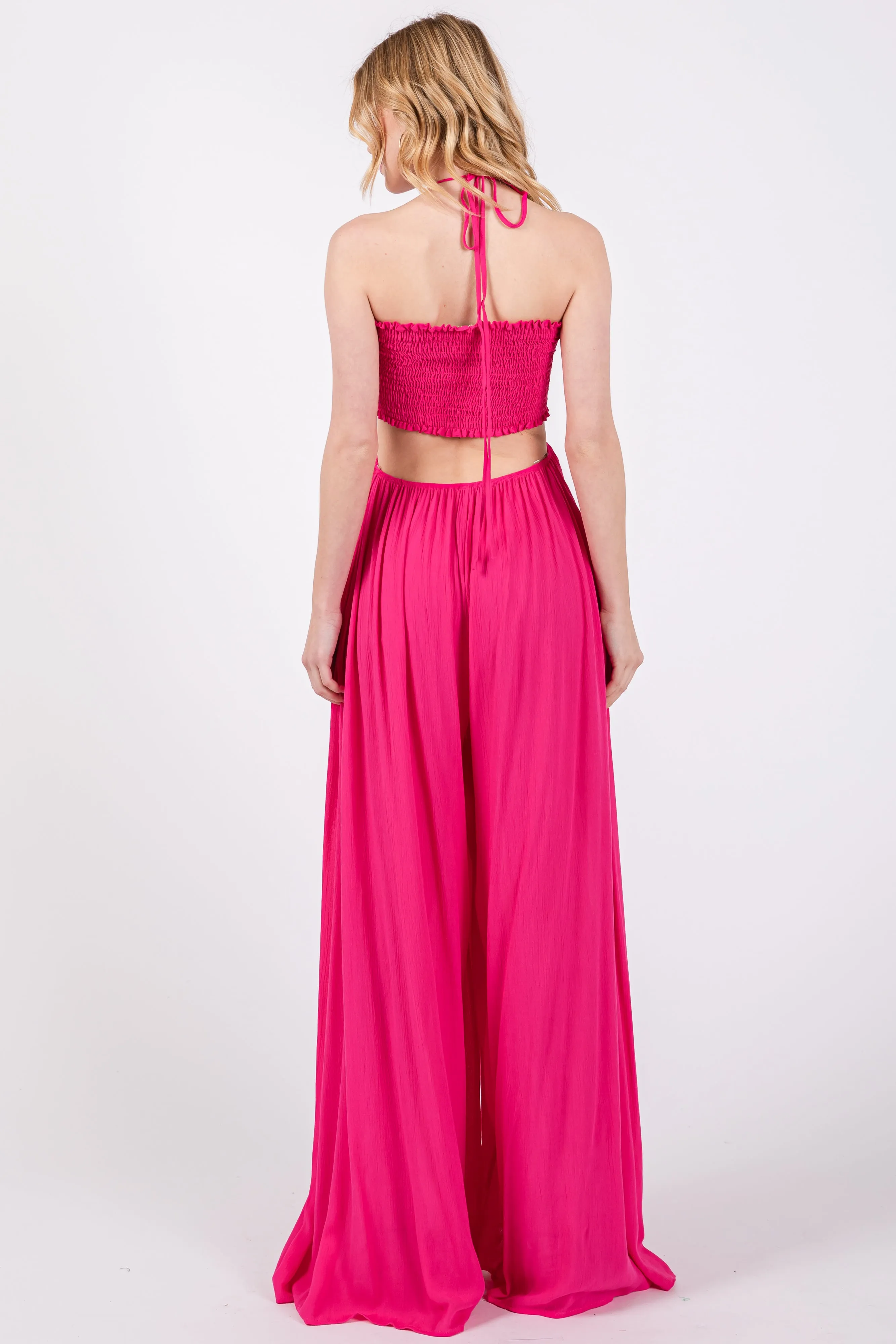 Fuchsia Smocked Drawstring Halter Side Cutout Jumpsuit sold by Pinkblush product image thumbnail 3