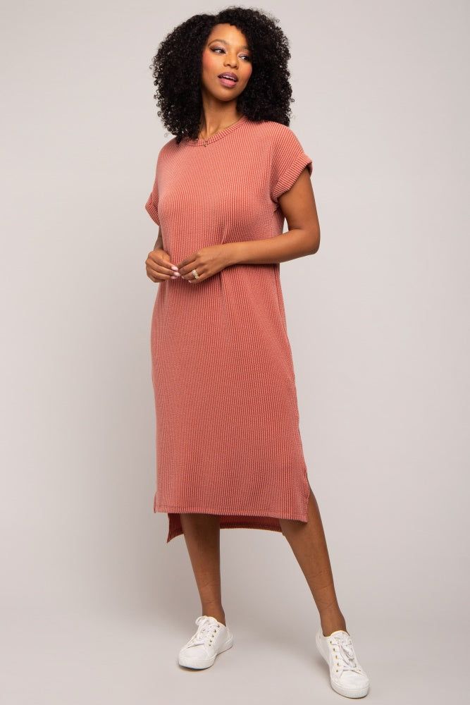 Rust Ribbed Short Sleeve Midi Dress sold by Pinkblush