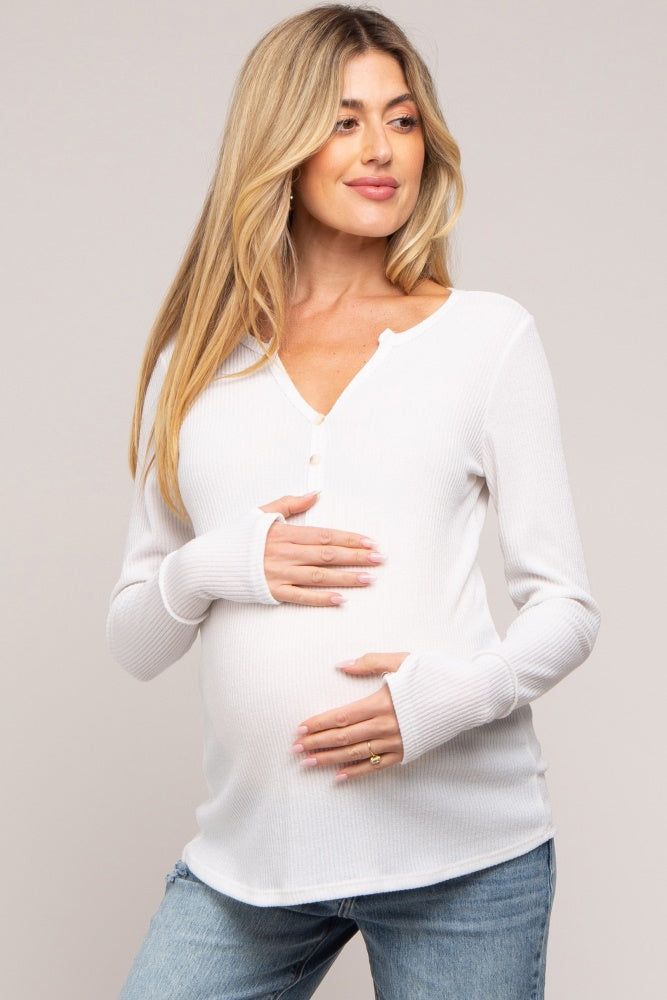 Ivory Rib Knit Button Accent Maternity Long Sleeve Top sold by Pinkblush
