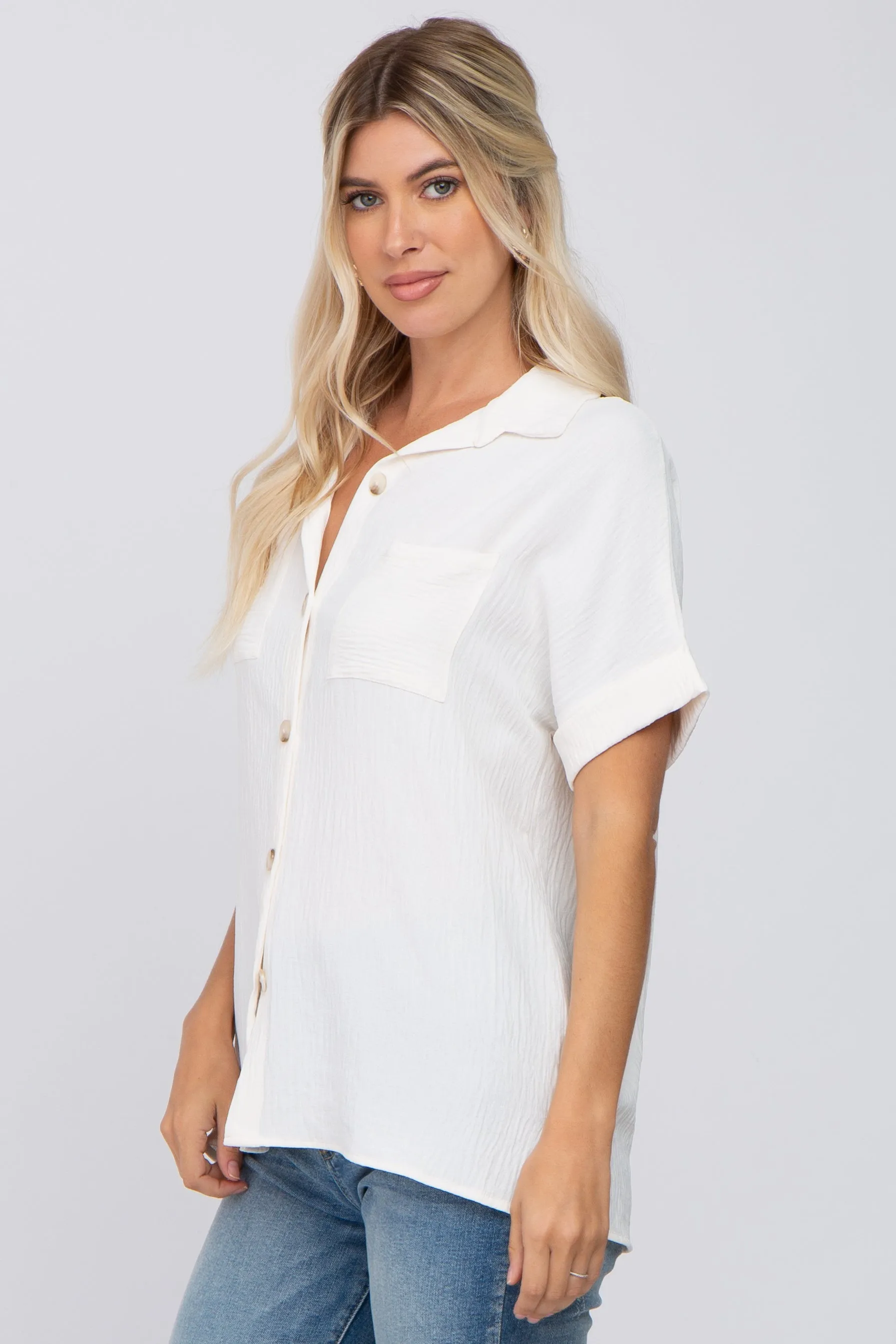 Ivory Collared Button-Down Short Sleeve Blouse sold by Pinkblush product image thumbnail 2