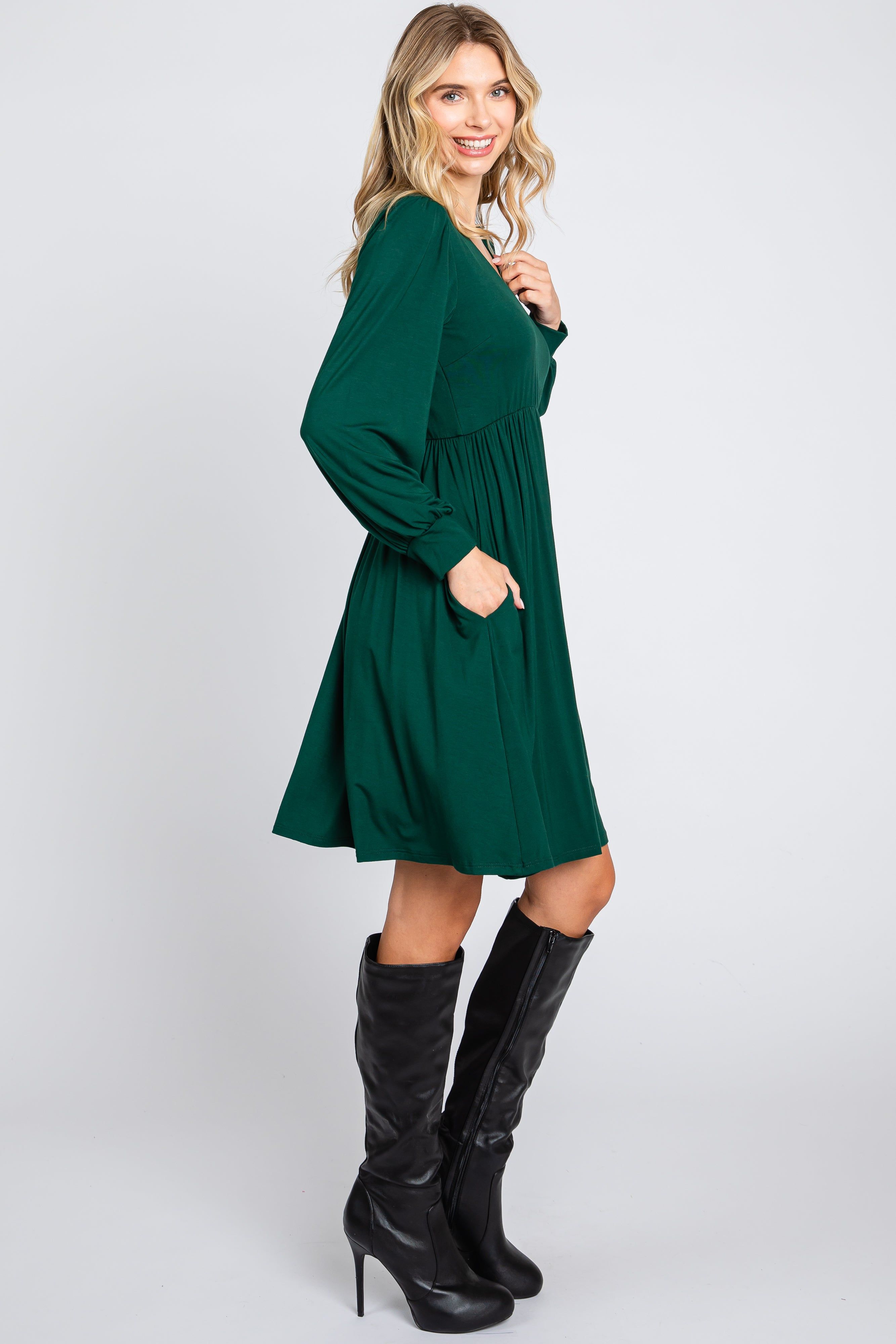 Forest Green Long Puff Sleeve Dress sold by Pinkblush product image thumbnail 2