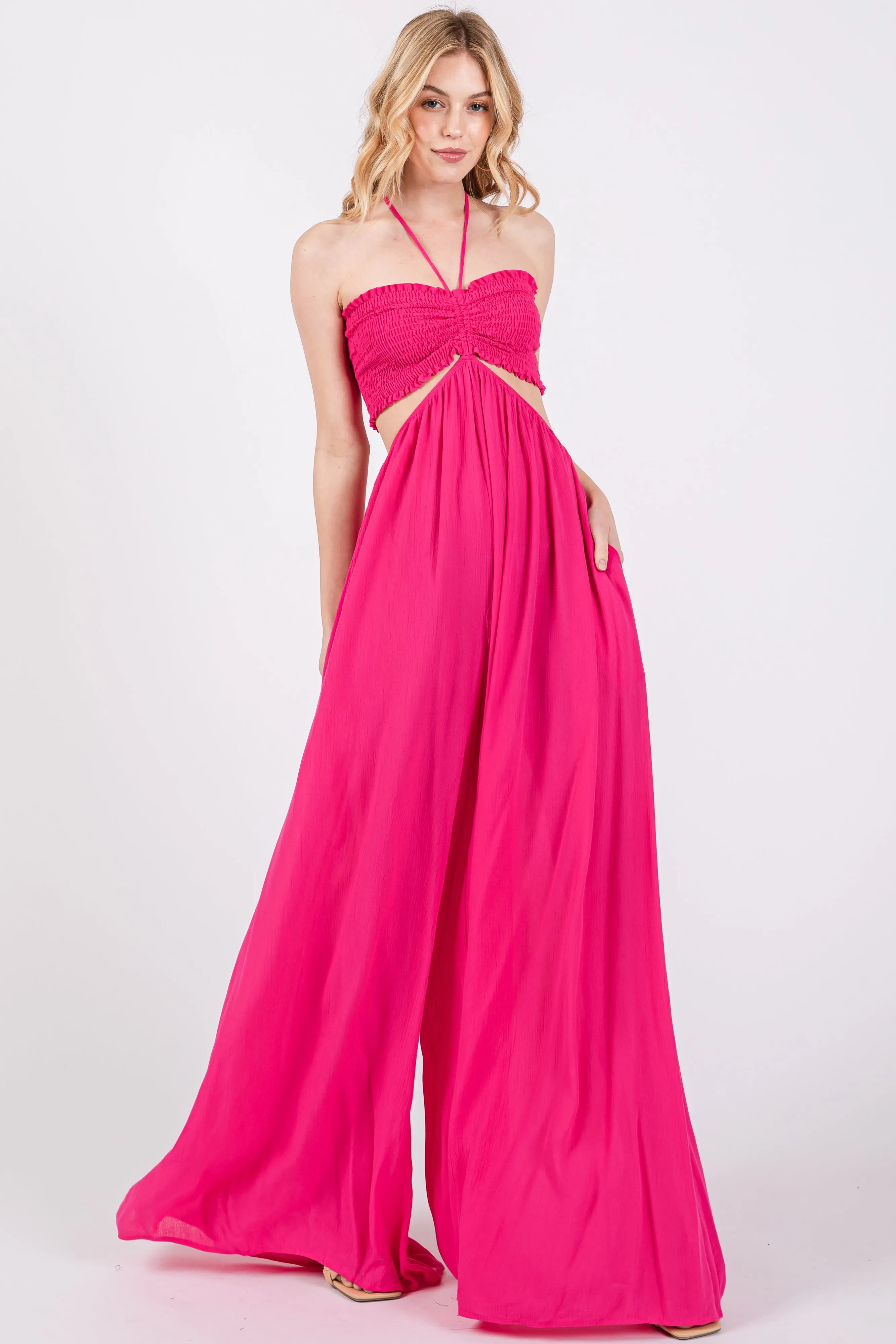 Fuchsia Smocked Drawstring Halter Side Cutout Jumpsuit sold by Pinkblush