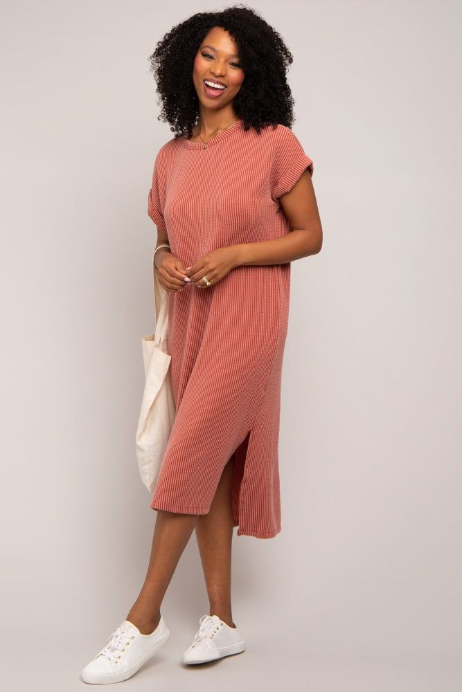 Rust Ribbed Short Sleeve Midi Dress sold by Pinkblush product image thumbnail 2