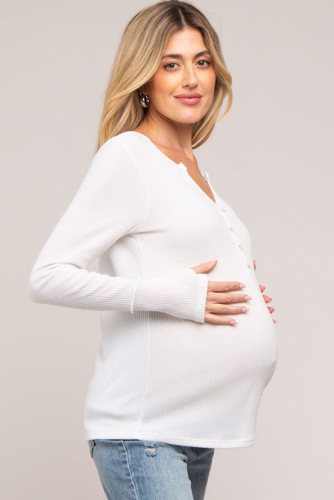Ivory Rib Knit Button Accent Maternity Long Sleeve Top sold by Pinkblush product image thumbnail 2