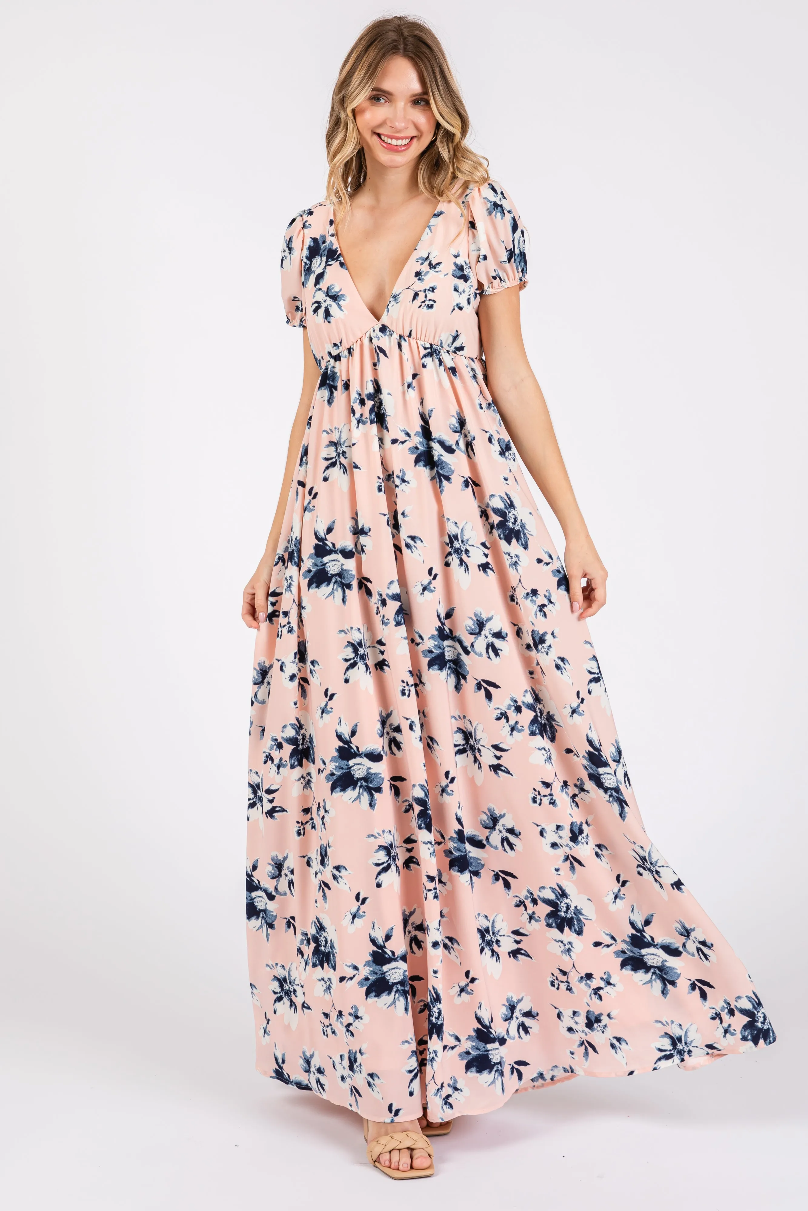 Light Pink Floral V-Neck Puff Sleeve Maternity Maxi Dress sold by Pinkblush product image thumbnail 4